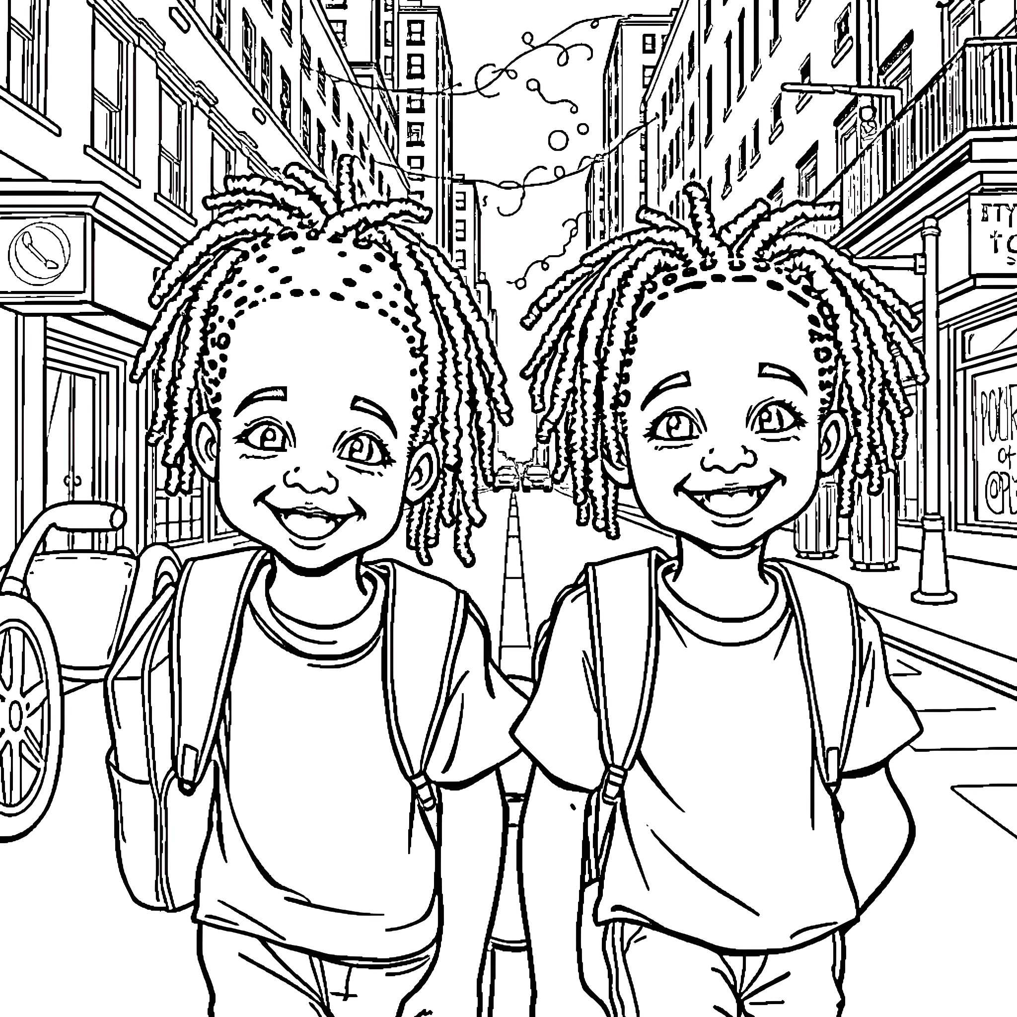 Boy friends exploring the city together Coloring Page (free black-and-white line drawing printable PDF for all, from beginners to advanced learners, including children, teens, adults, and seniors)