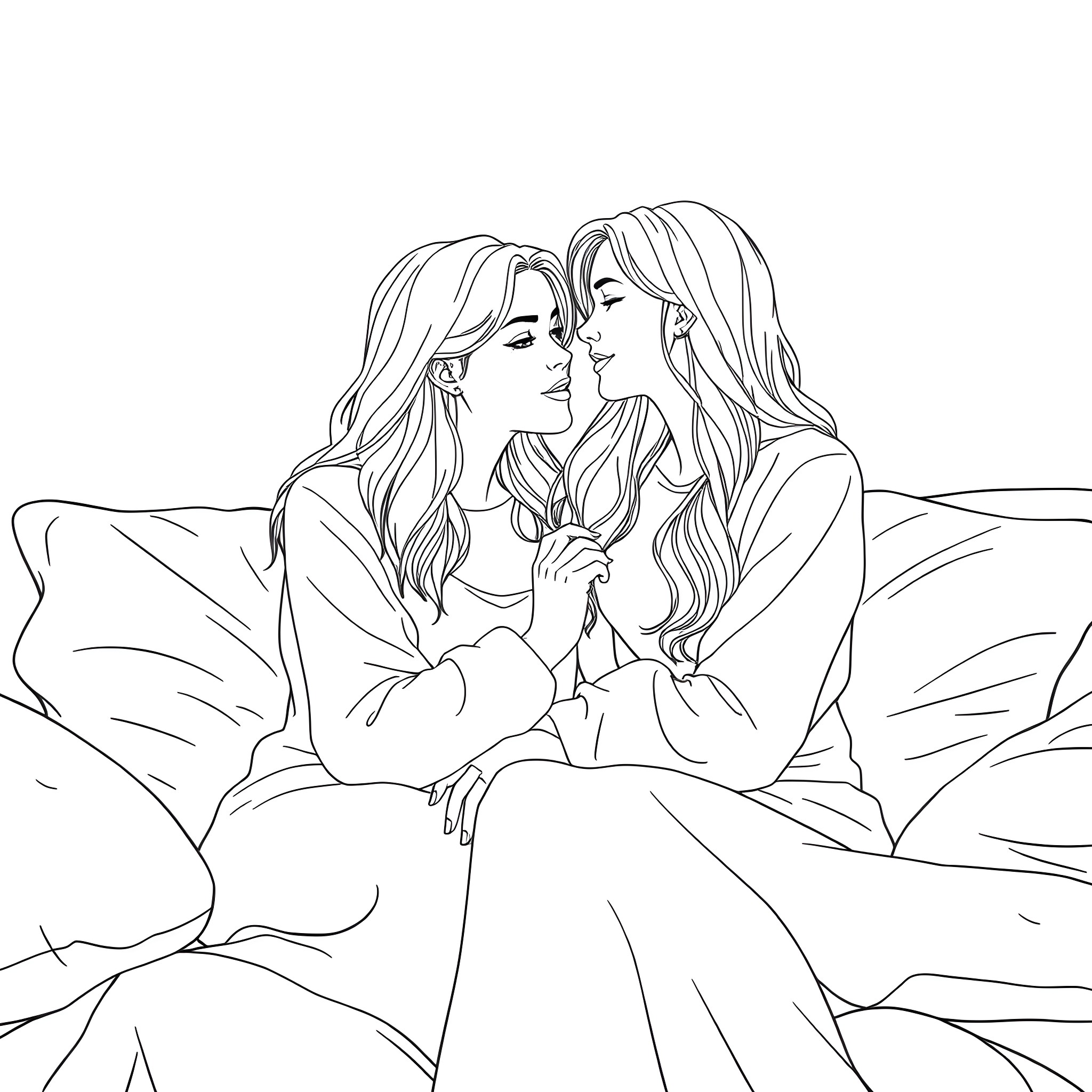 Girl Enjoying Intimate Moment with Friend Coloring Page (free black-and-white line drawing printable PDF for all, from beginners to advanced learners, including children, teens, adults, and seniors)