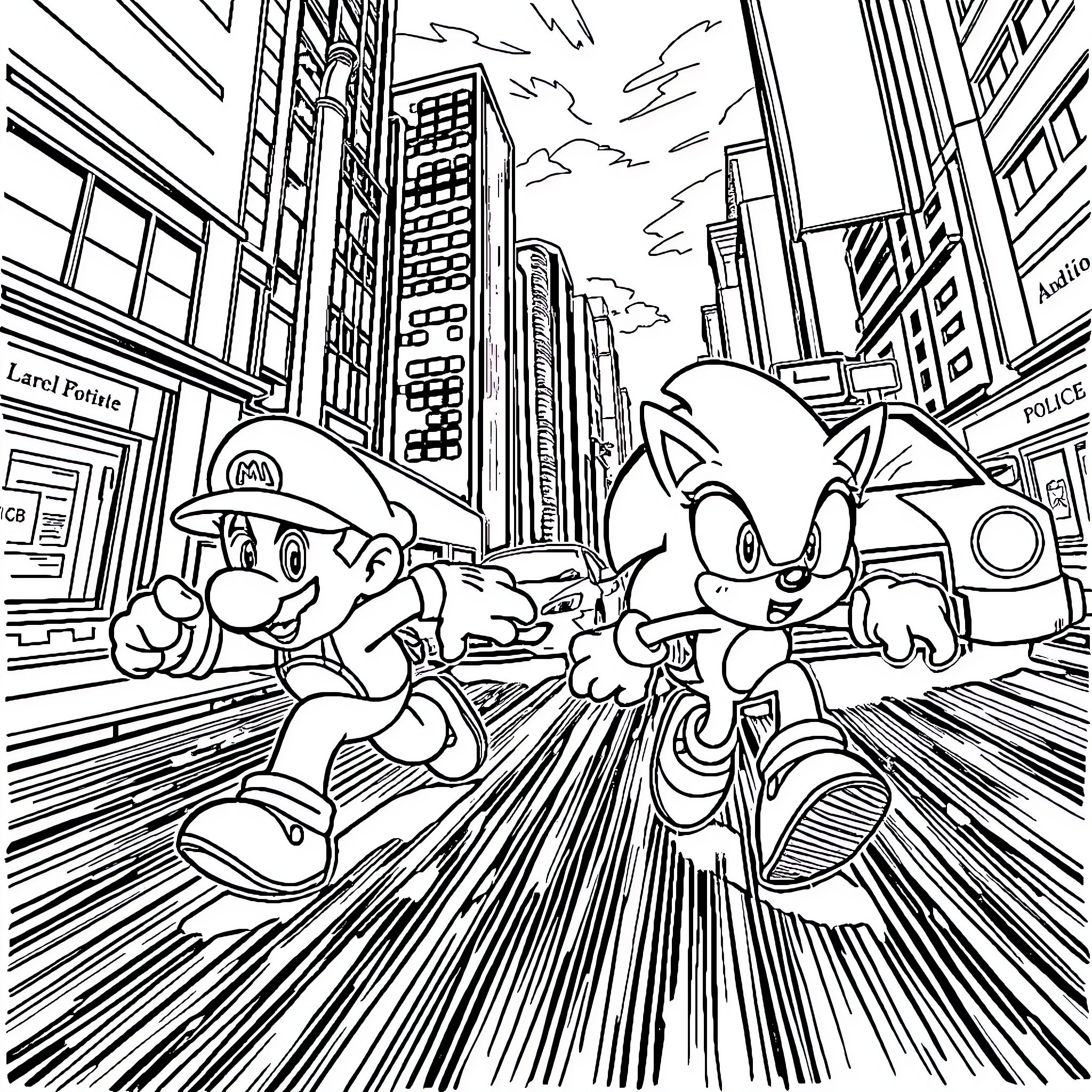 Mario and Sonic racing through the city Coloring Page (free black-and-white line drawing printable PDF for all, from beginners to advanced learners, including children, teens, adults, and seniors)