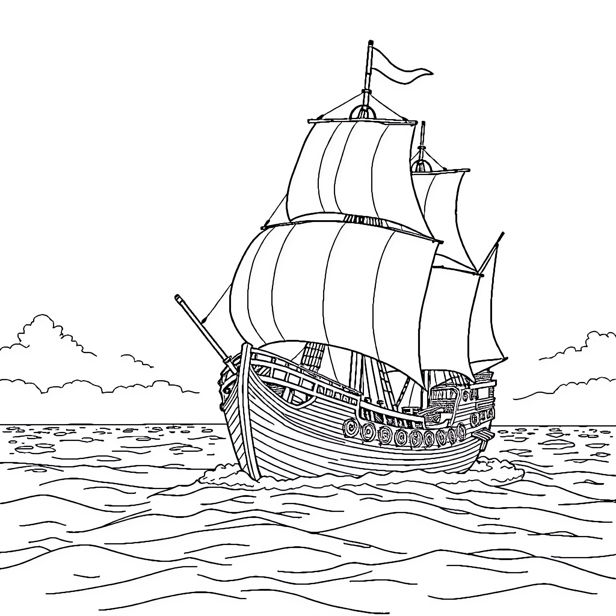 Queen Anne's Revenge sailing on the high seas Coloring Page (free black-and-white line drawing printable PDF for all, from beginners to advanced learners, including children, teens, adults, and seniors)