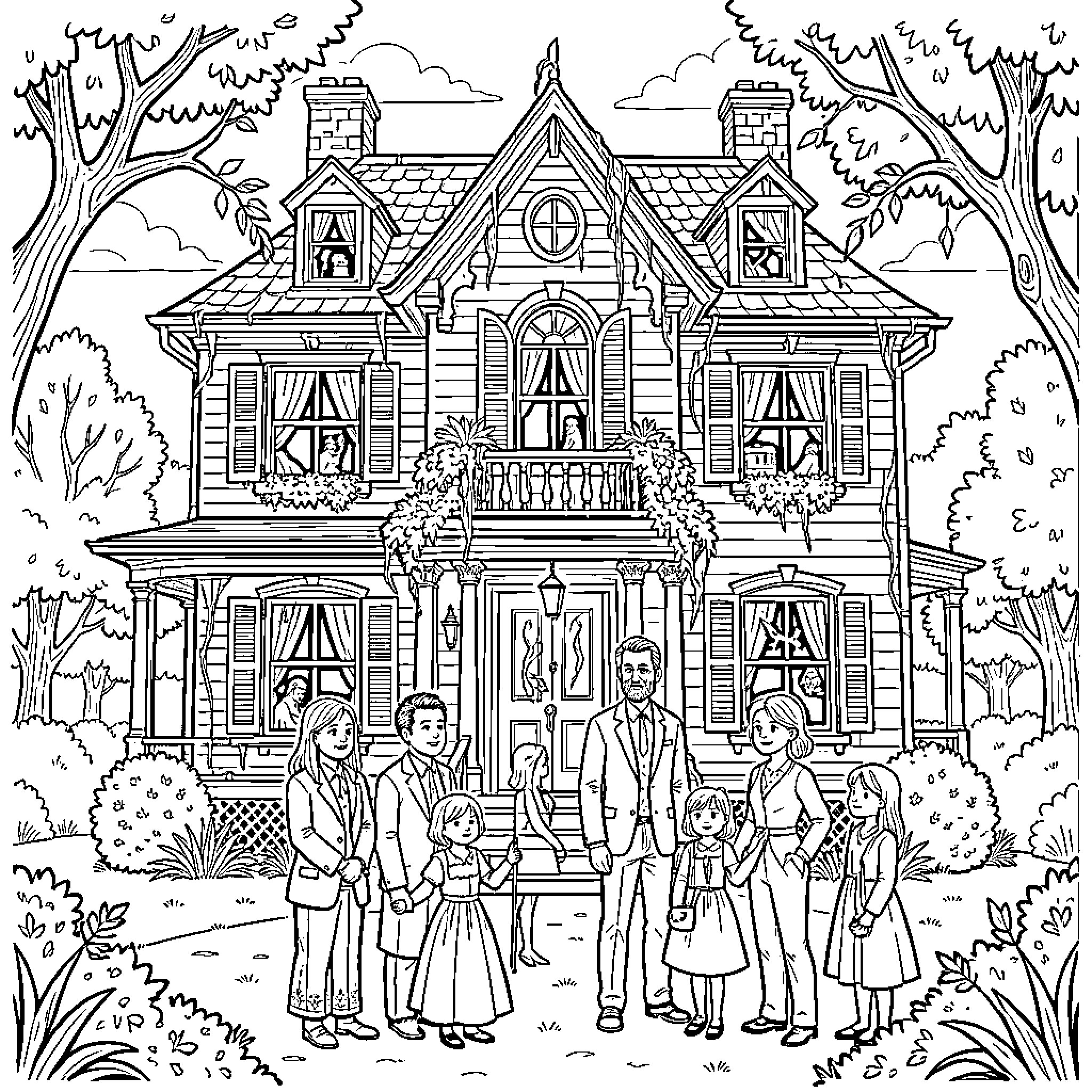 Sinclair Family Gathered at Their Quaint Victorian Home Coloring Page (free black-and-white line drawing printable PDF for all, from beginners to advanced learners, including children, teens, adults, and seniors)