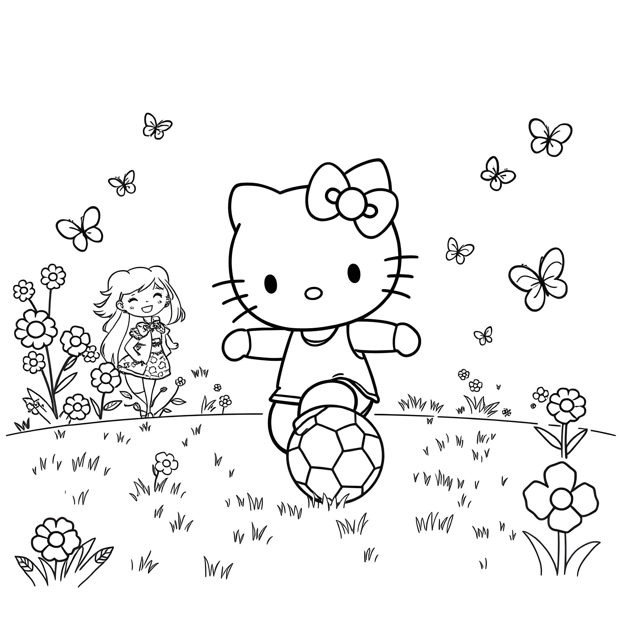 Hello Kitty playing soccer in a flower garden Coloring Page (free black-and-white line drawing printable PDF for all, from beginners to advanced learners, including children, teens, adults, and seniors)