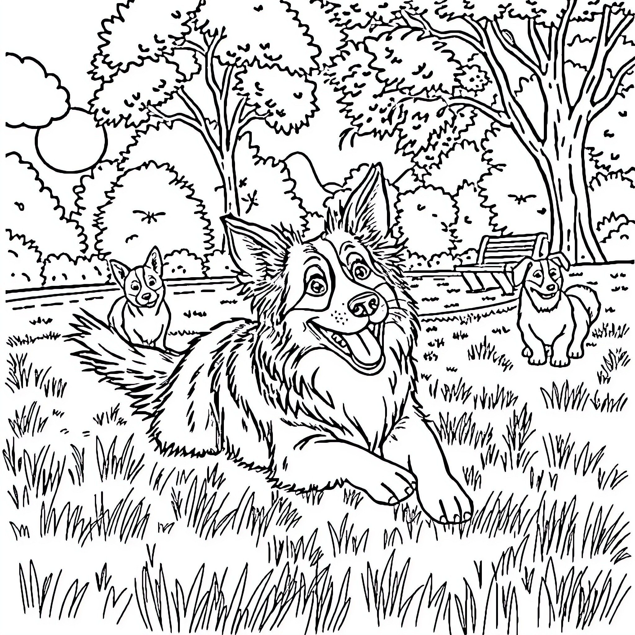 Border Collie playing joyfully in a park Coloring Page (free black-and-white line drawing printable PDF for all, from beginners to advanced learners, including children, teens, adults, and seniors)
