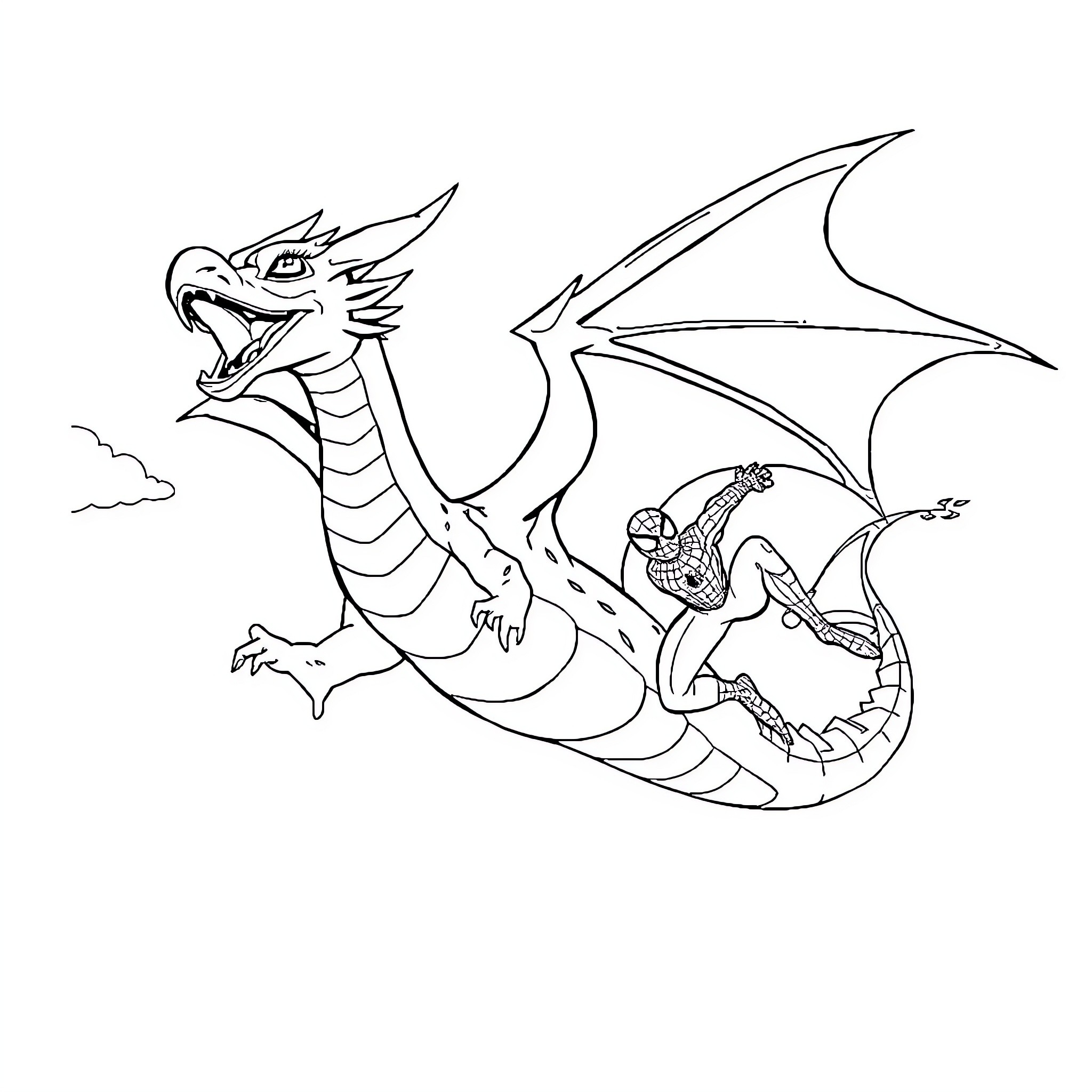 Dragon soaring with a knight on its back Coloring Page (free black-and-white line drawing printable PDF for all, from beginners to advanced learners, including children, teens, adults, and seniors)