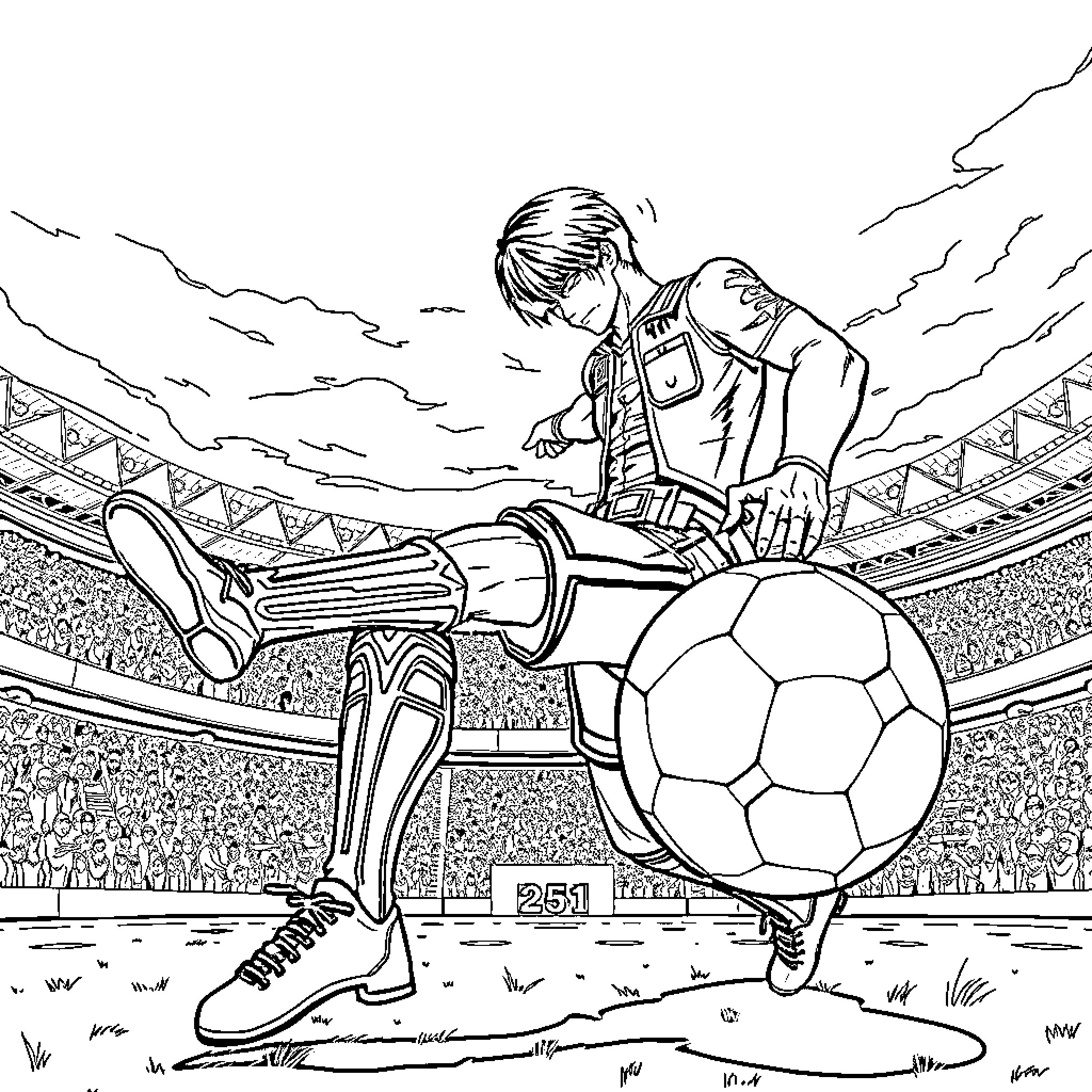 Titan soccer player on the pitch Coloring Page (free black-and-white line drawing printable PDF for all, from beginners to advanced learners, including children, teens, adults, and seniors)