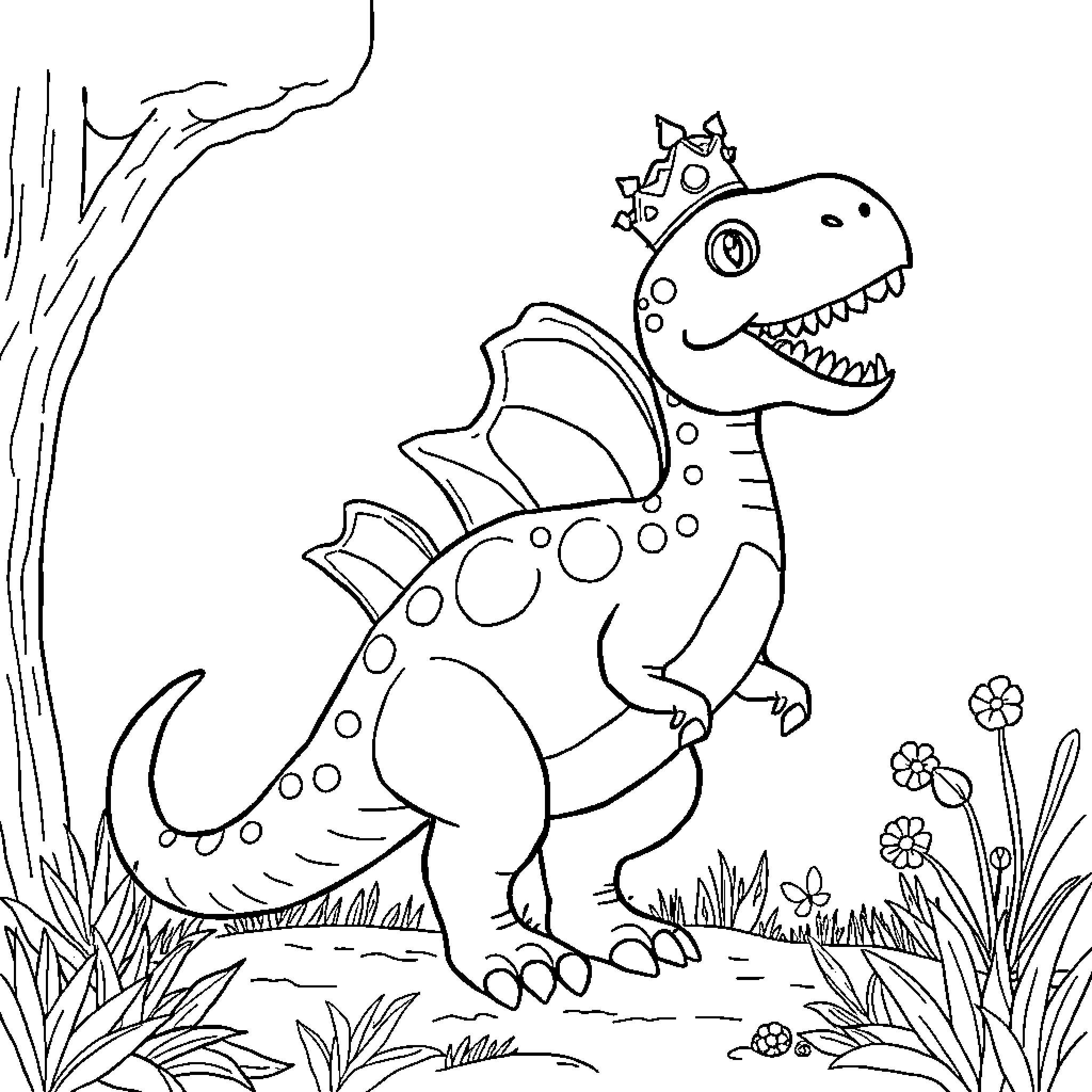 Dinosaur with flowers and nature scene Coloring Page (free black-and-white line drawing printable PDF for all, from beginners to advanced learners, including children, teens, adults, and seniors)
