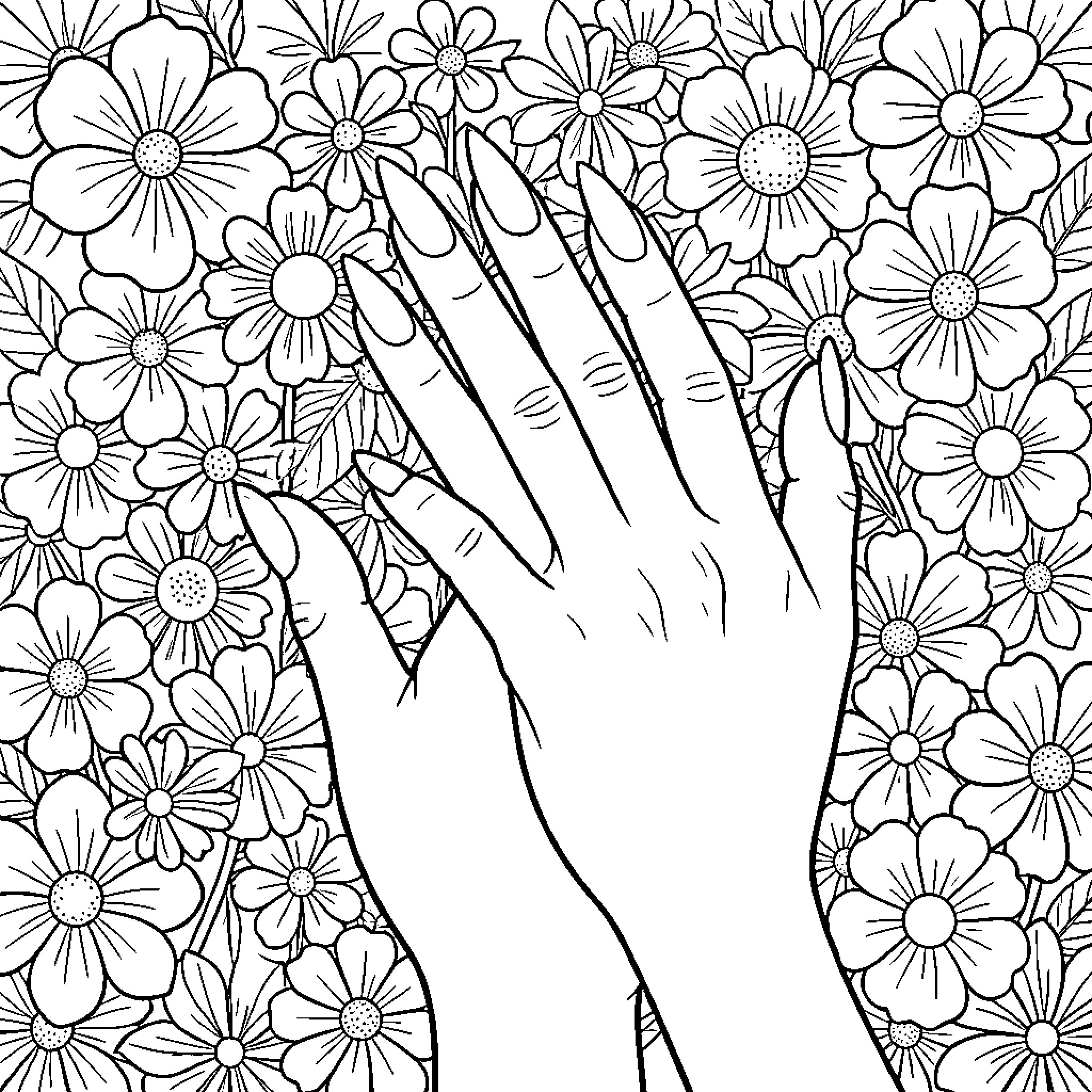 Hand reaching into floral field Coloring Page (free black-and-white line drawing printable PDF for all, from beginners to advanced learners, including children, teens, adults, and seniors)