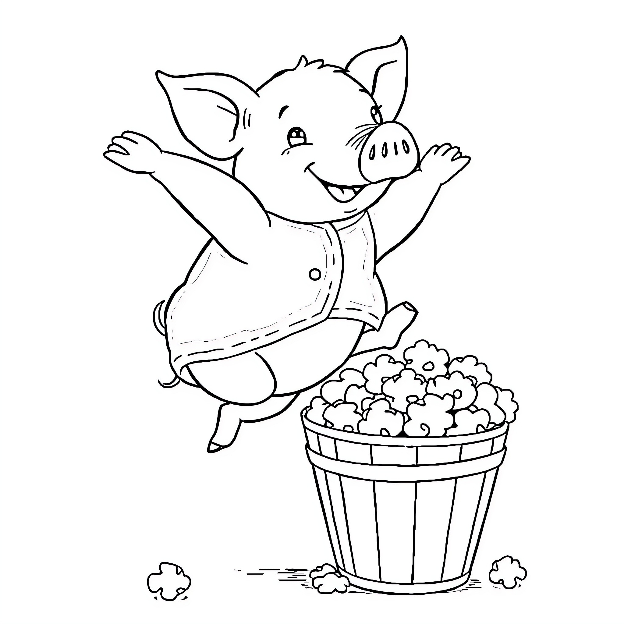 Pig joyfully jumping near bushel of popcorn Coloring Page (free black-and-white line drawing printable PDF for all, from beginners to advanced learners, including children, teens, adults, and seniors)