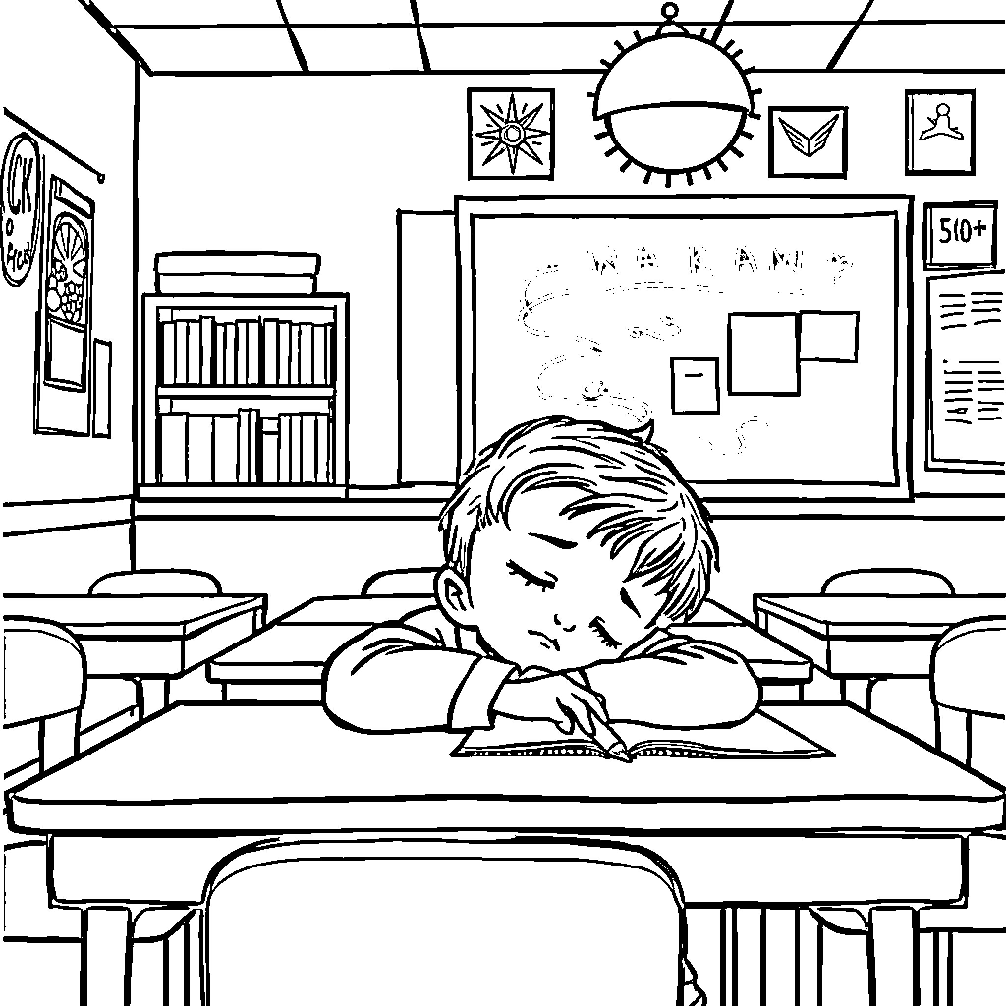Kid Napping at School Desk in Classroom Coloring Page (free black-and-white line drawing printable PDF for all, from beginners to advanced learners, including children, teens, adults, and seniors)
