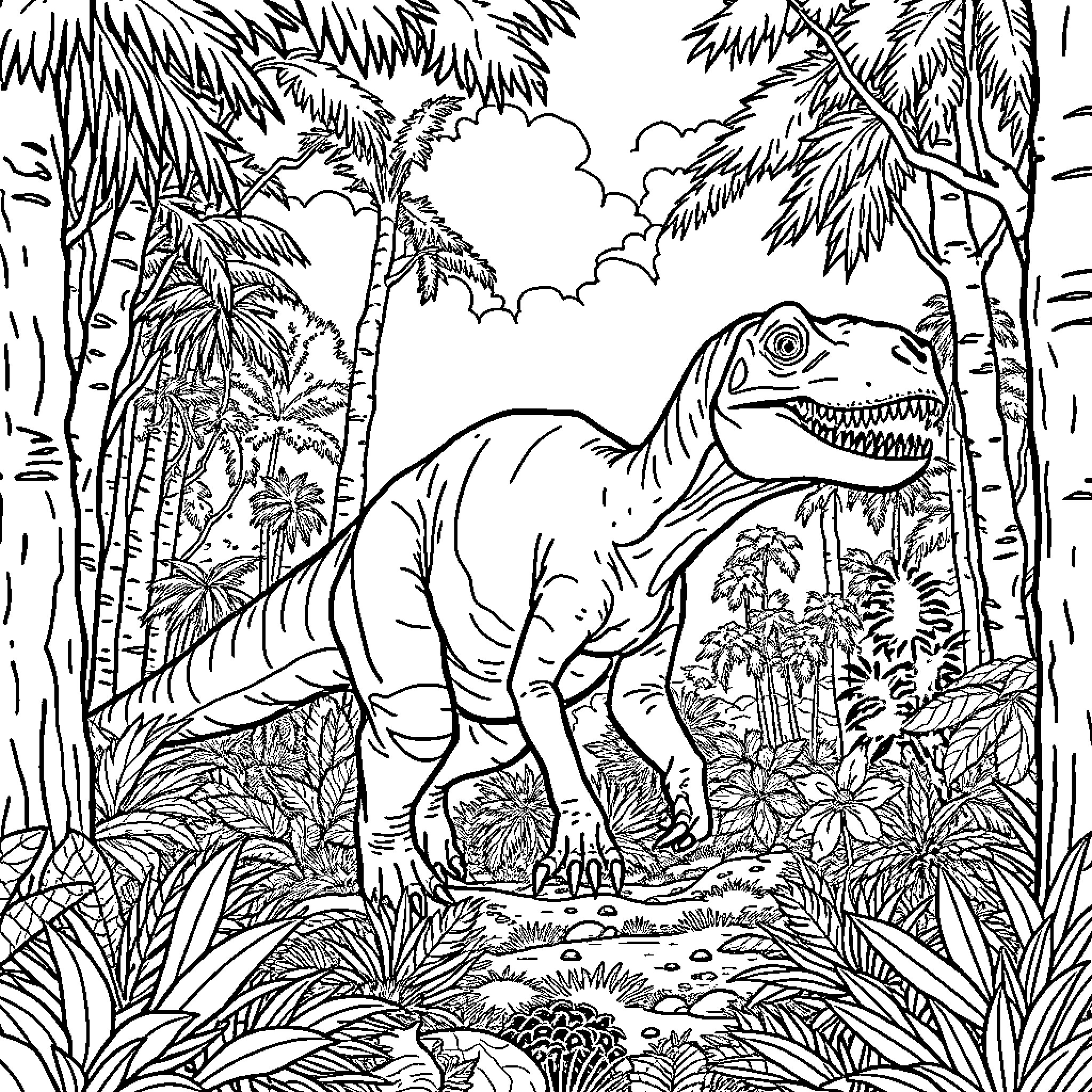 Dinosaur Roaming Through the Lush Jungle Landscape Coloring Page (free black-and-white line drawing printable PDF for all, from beginners to advanced learners, including children, teens, adults, and seniors)