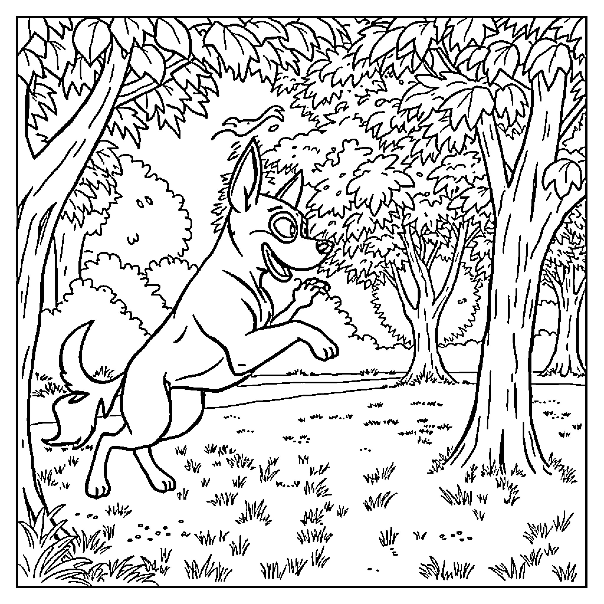 Patrulla Canina - Puppy exploring the forest Coloring Page (free black-and-white line drawing printable PDF for all, from beginners to advanced learners, including children, teens, adults, and seniors)