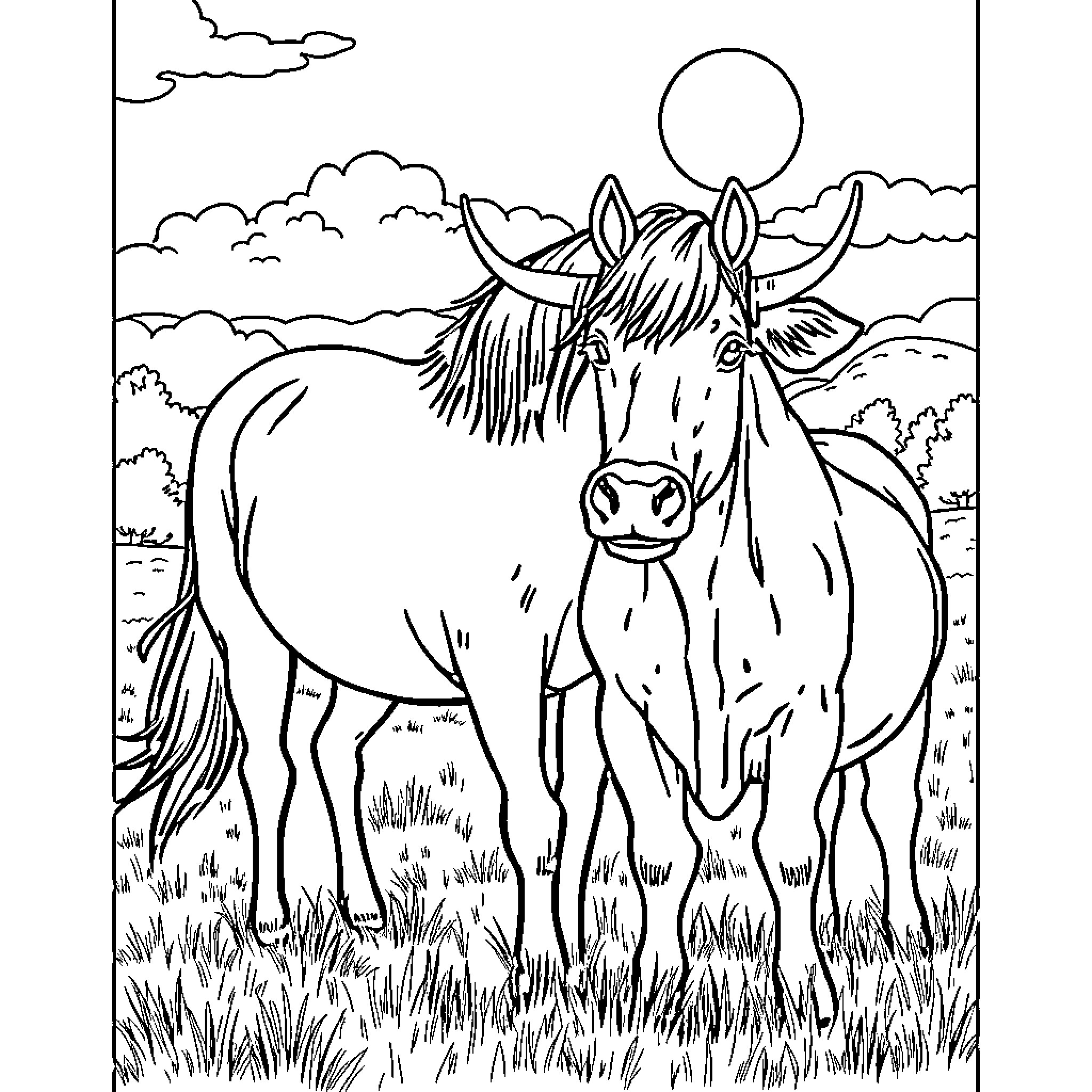 Horse standing in a pastoral landscape Coloring Page (free black-and-white line drawing printable PDF for all, from beginners to advanced learners, including children, teens, adults, and seniors)