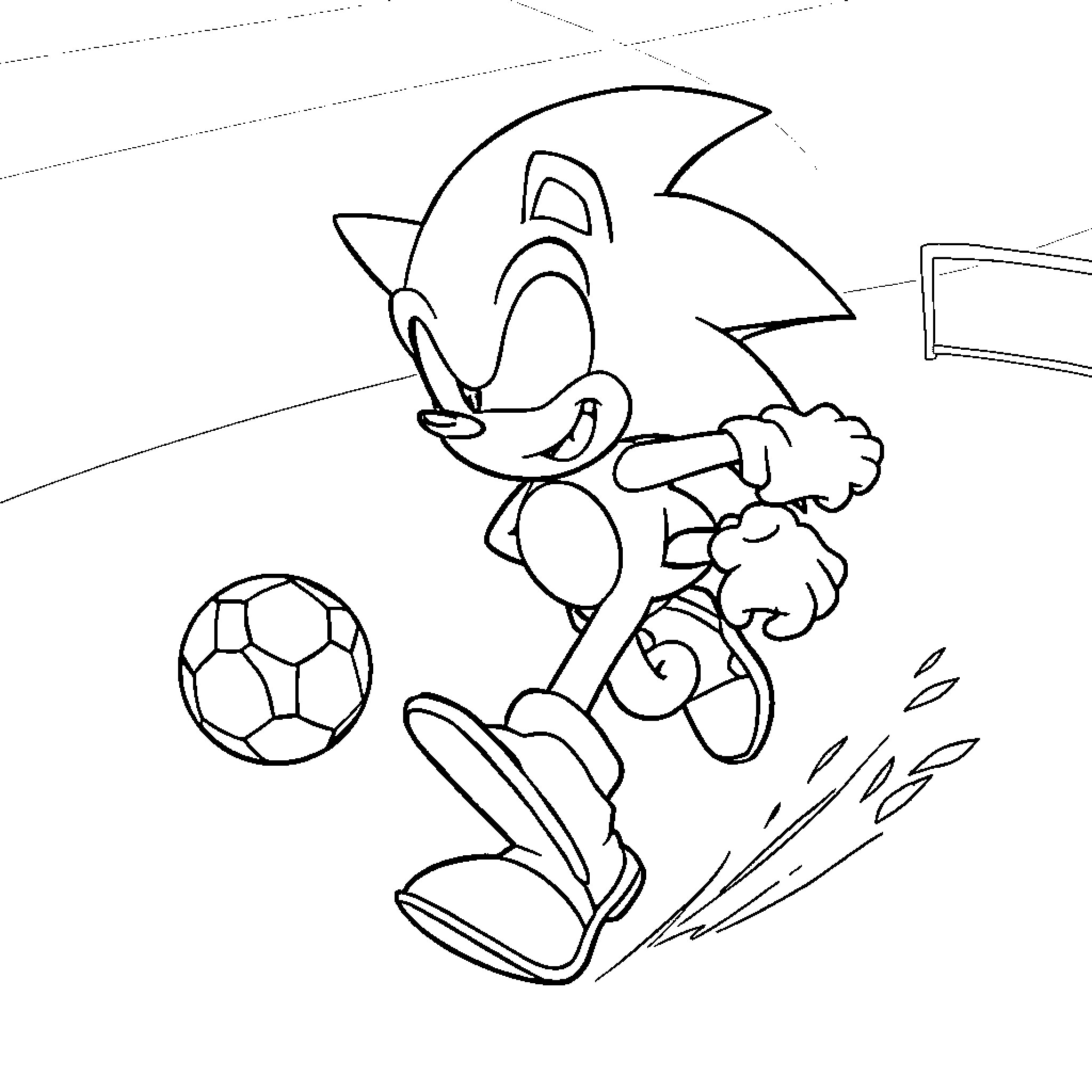 Sonic playing with soccer ball energetically Coloring Page (free black-and-white line drawing printable PDF for all, from beginners to advanced learners, including children, teens, adults, and seniors)