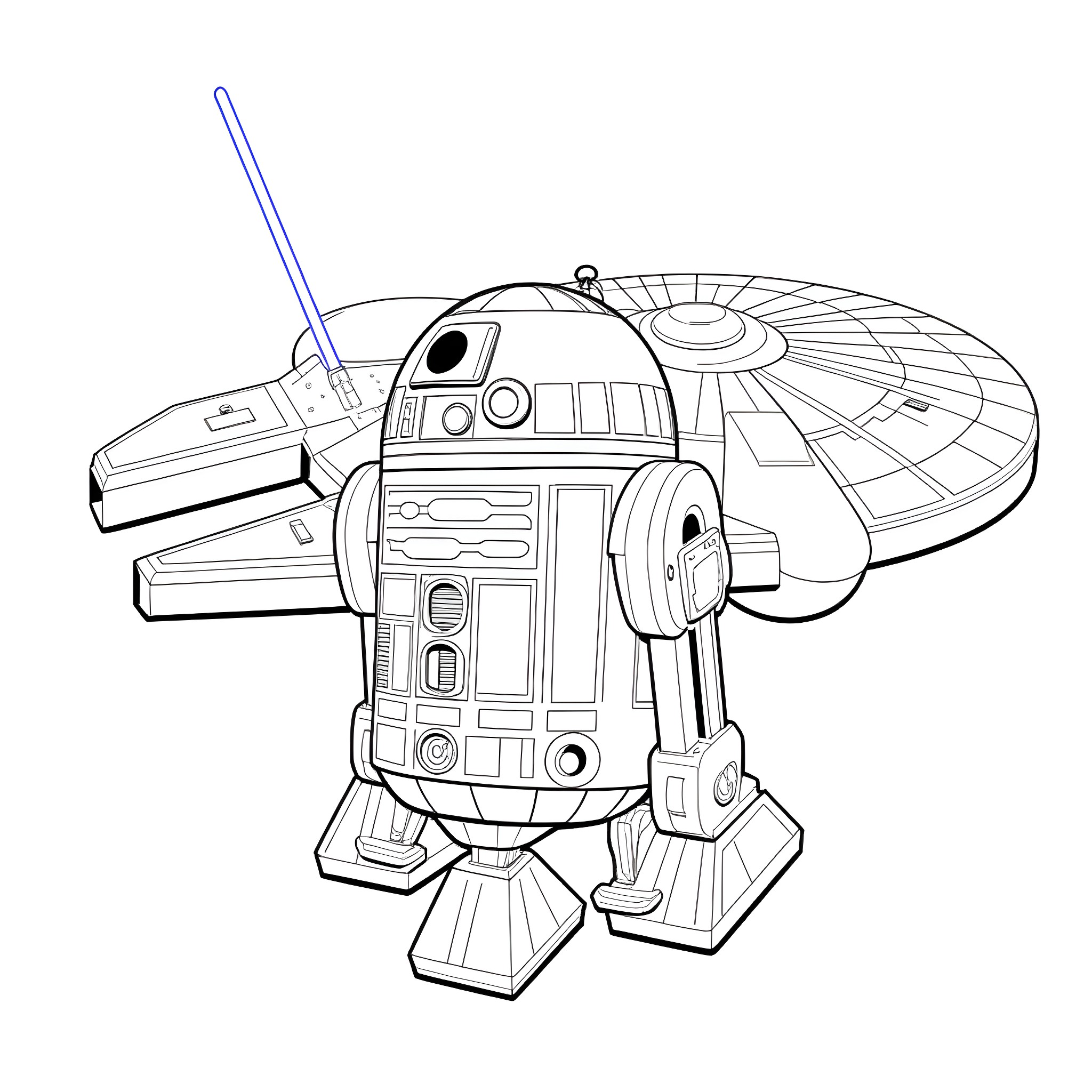 R2-D2 assisting with a spaceship in flight Coloring Page (free black-and-white line drawing printable PDF for all, from beginners to advanced learners, including children, teens, adults, and seniors)