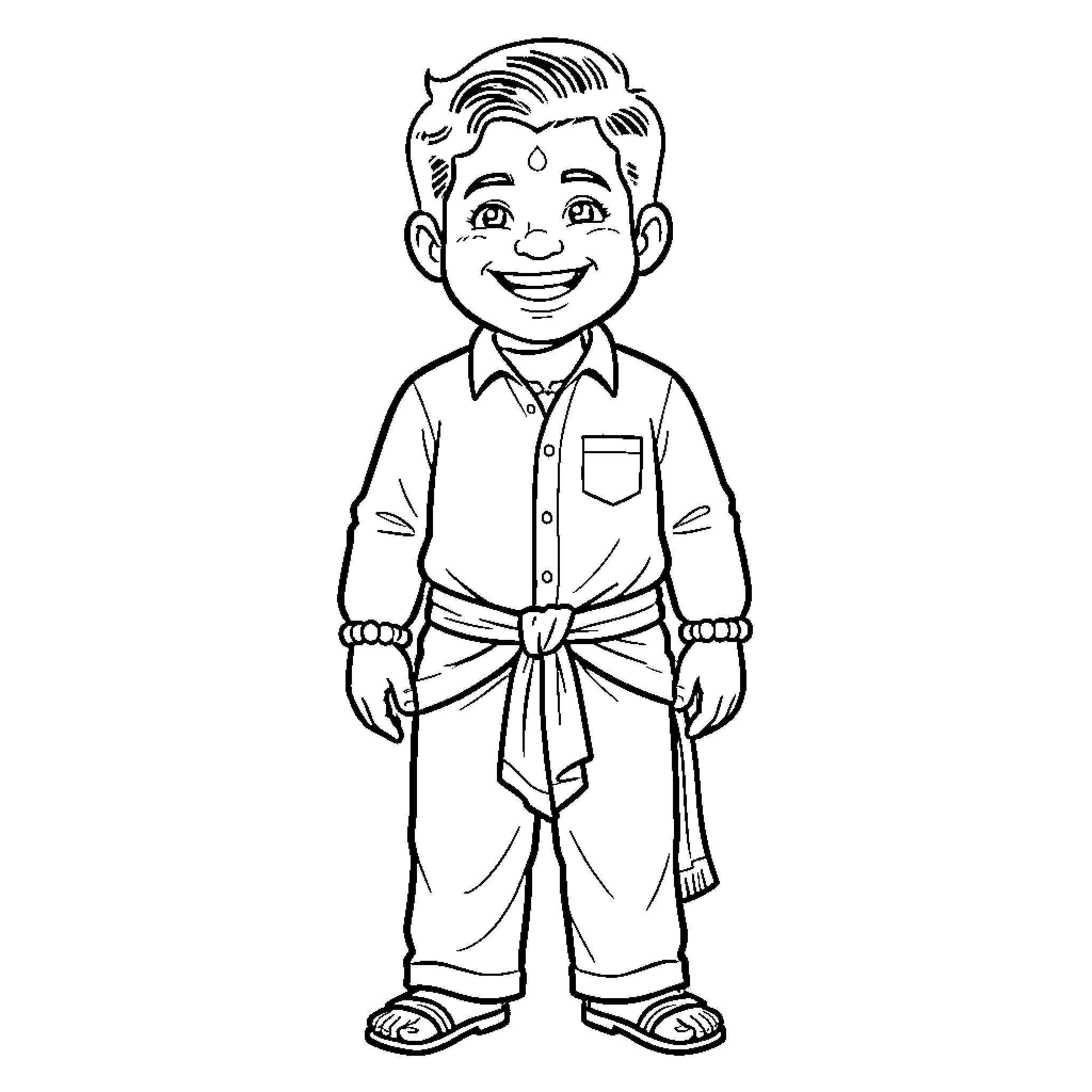 Vijai smiling happily in traditional cultural attire Coloring Page (free black-and-white line drawing printable PDF for all, from beginners to advanced learners, including children, teens, adults, and seniors)