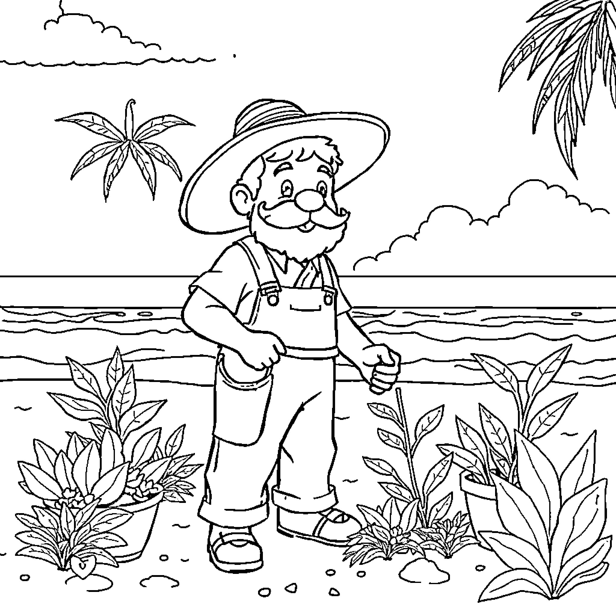 Labubu's tropical beach adventure Coloring Page (free black-and-white line drawing printable PDF for all, from beginners to advanced learners, including children, teens, adults, and seniors)