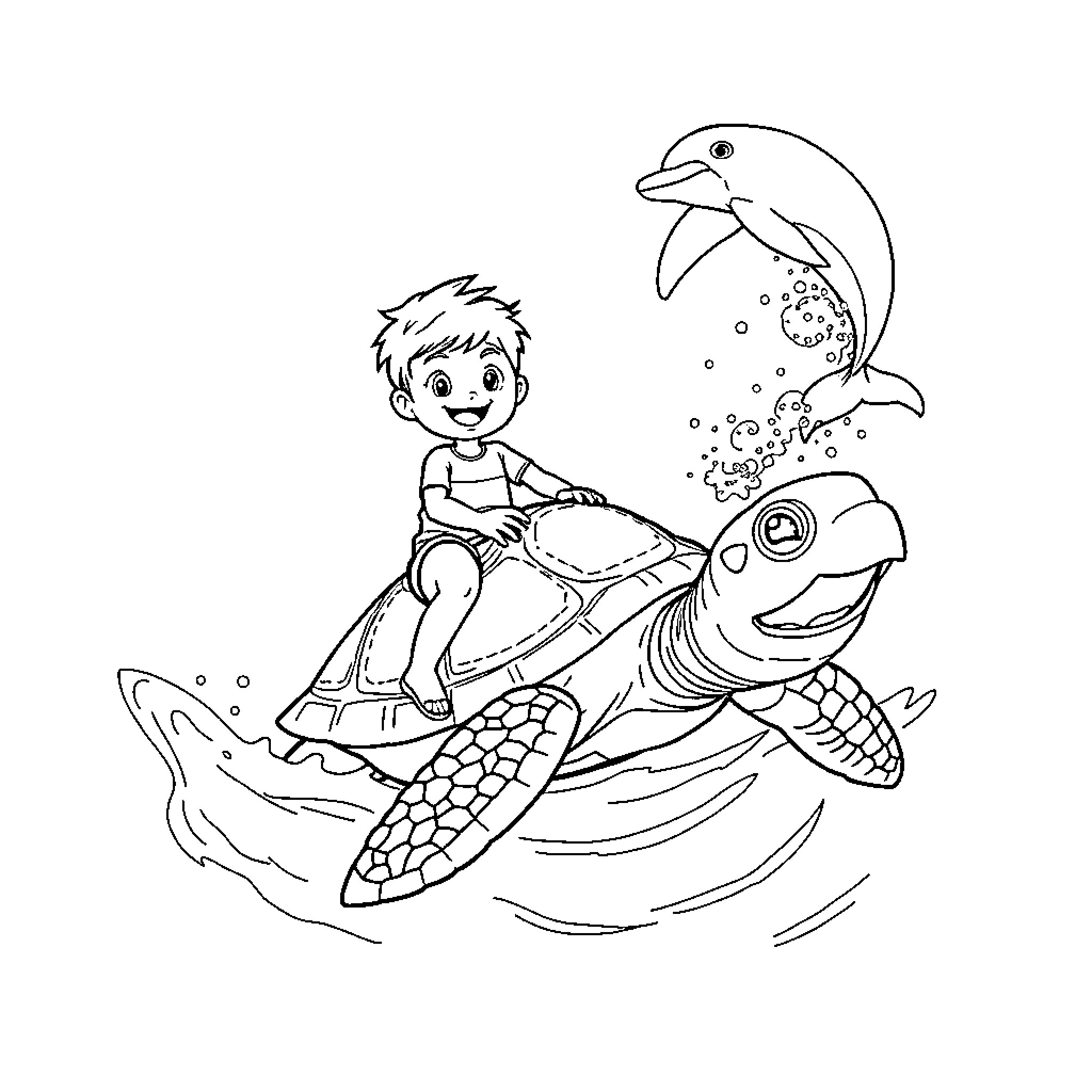 Boy riding on a friendly sea turtle Coloring Page (free black-and-white line drawing printable PDF for all, from beginners to advanced learners, including children, teens, adults, and seniors)