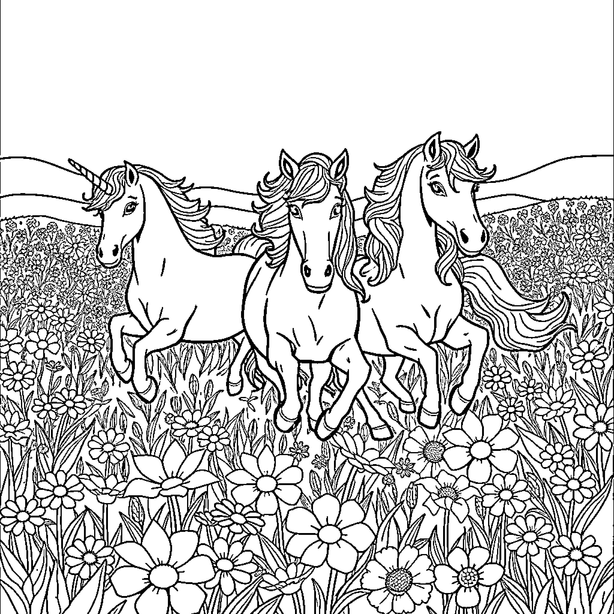 Unicorn Herd Galloping Through Vibrant Floral Meadow Coloring Page (free black-and-white line drawing printable PDF for all, from beginners to advanced learners, including children, teens, adults, and seniors)