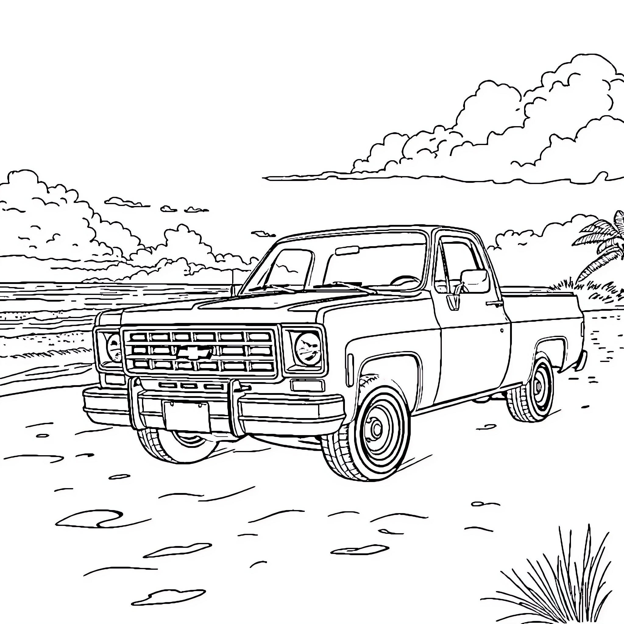Chevy truck driving on a beach with cloudy sky Coloring Page (free black-and-white line drawing printable PDF for all, from beginners to advanced learners, including children, teens, adults, and seniors)