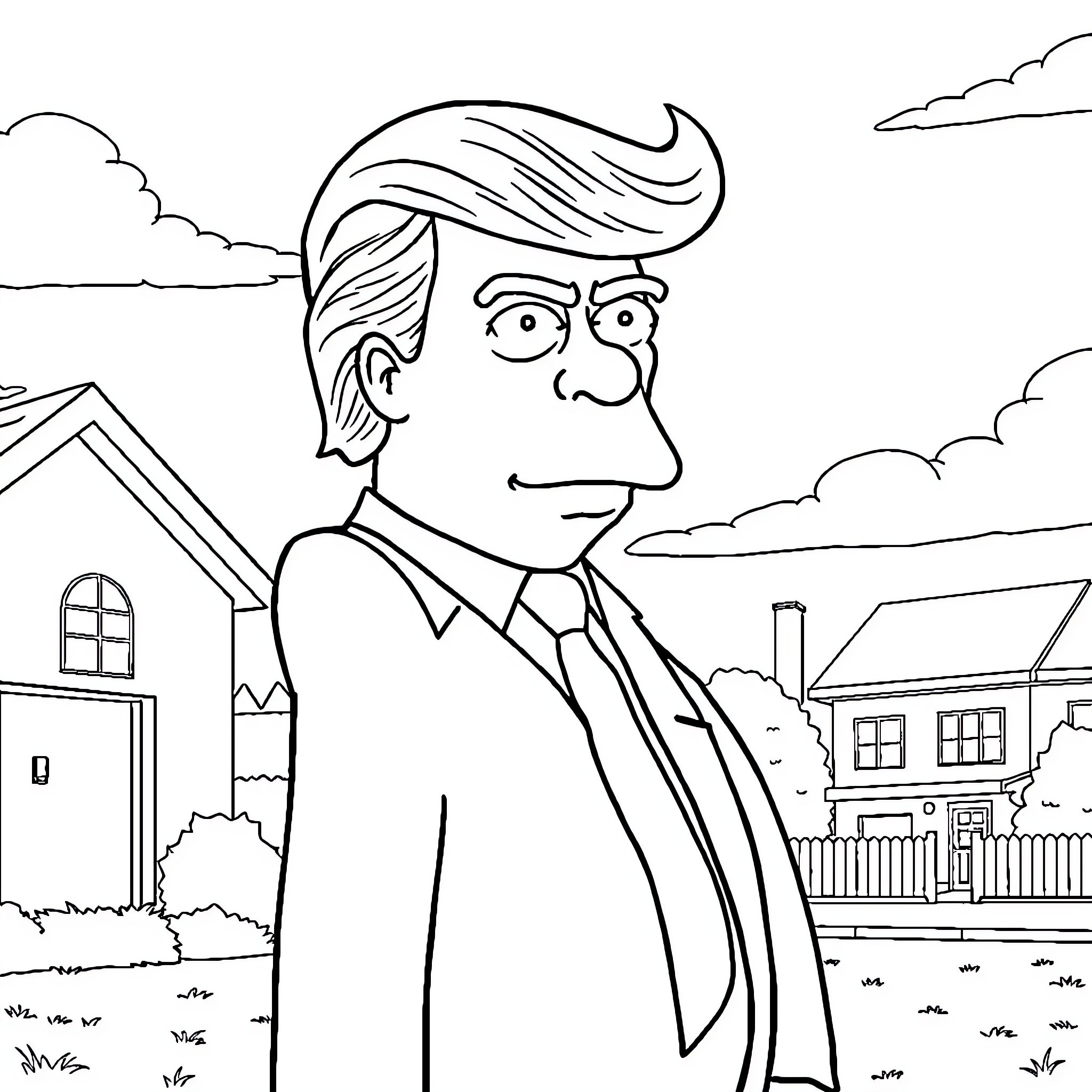 Donald Trump in a contemplative pose outside a suburban home Coloring Page (free black-and-white line drawing printable PDF for all, from beginners to advanced learners, including children, teens, adults, and seniors)