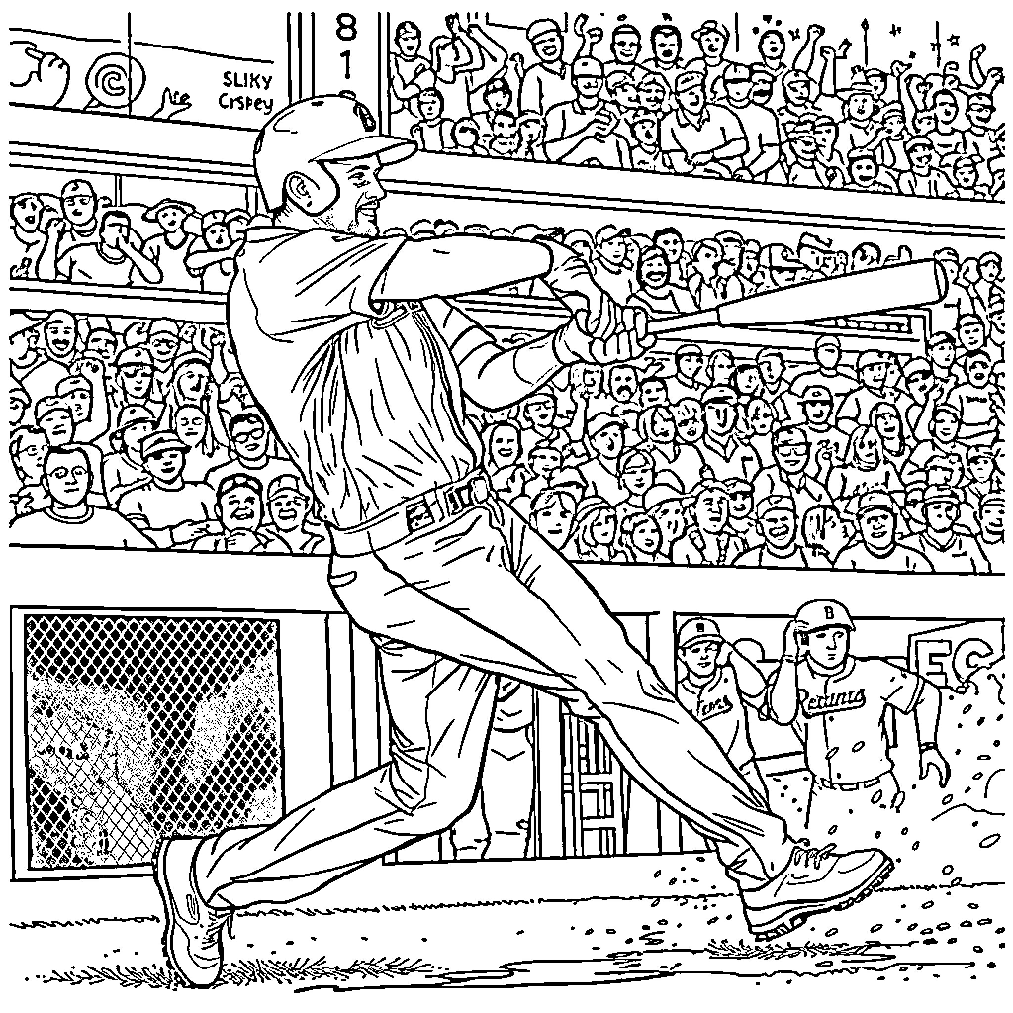 Freddie Freeman playing baseball in a crowded stadium Coloring Page (free black-and-white line drawing printable PDF for all, from beginners to advanced learners, including children, teens, adults, and seniors)