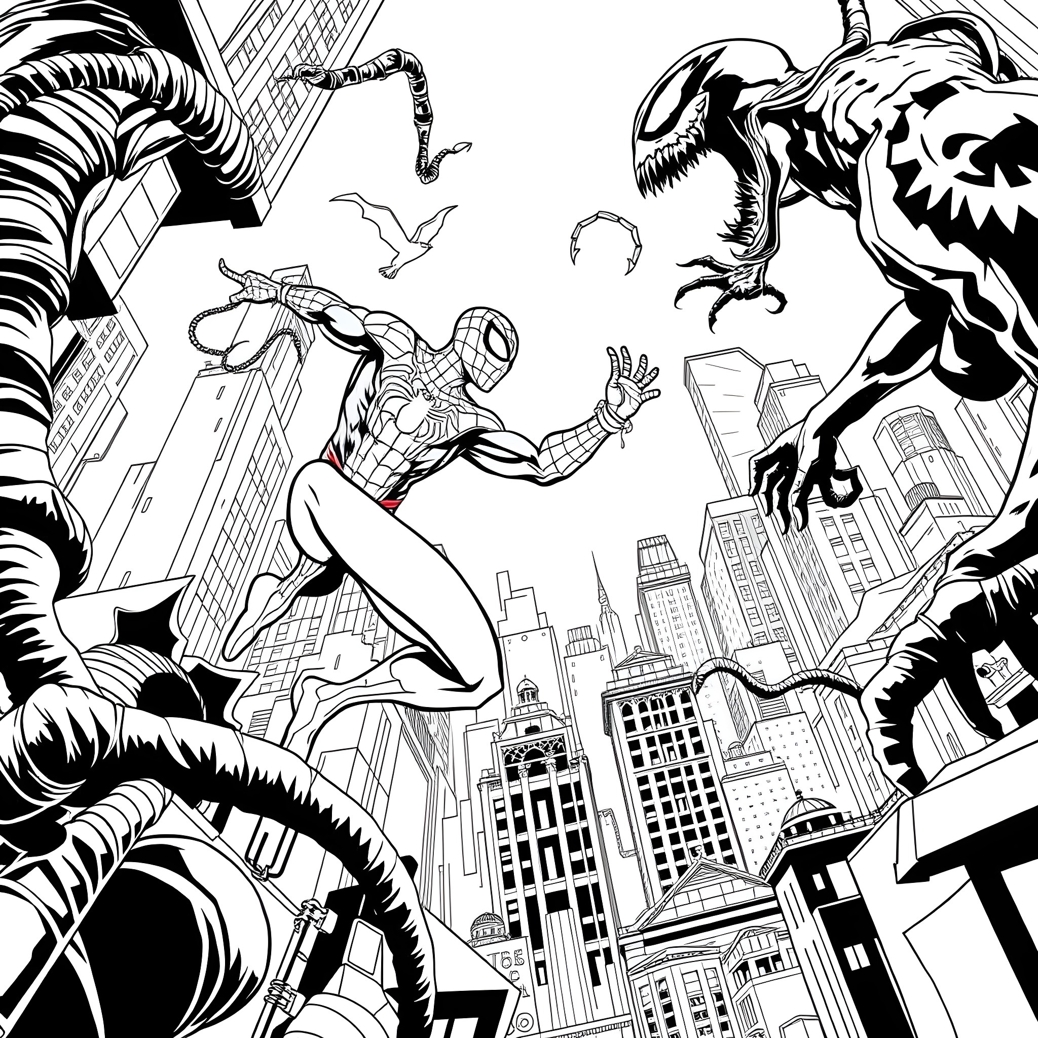 Spiderman battles fearsome villains in the city Coloring Page (free black-and-white line drawing printable PDF for all, from beginners to advanced learners, including children, teens, adults, and seniors)
