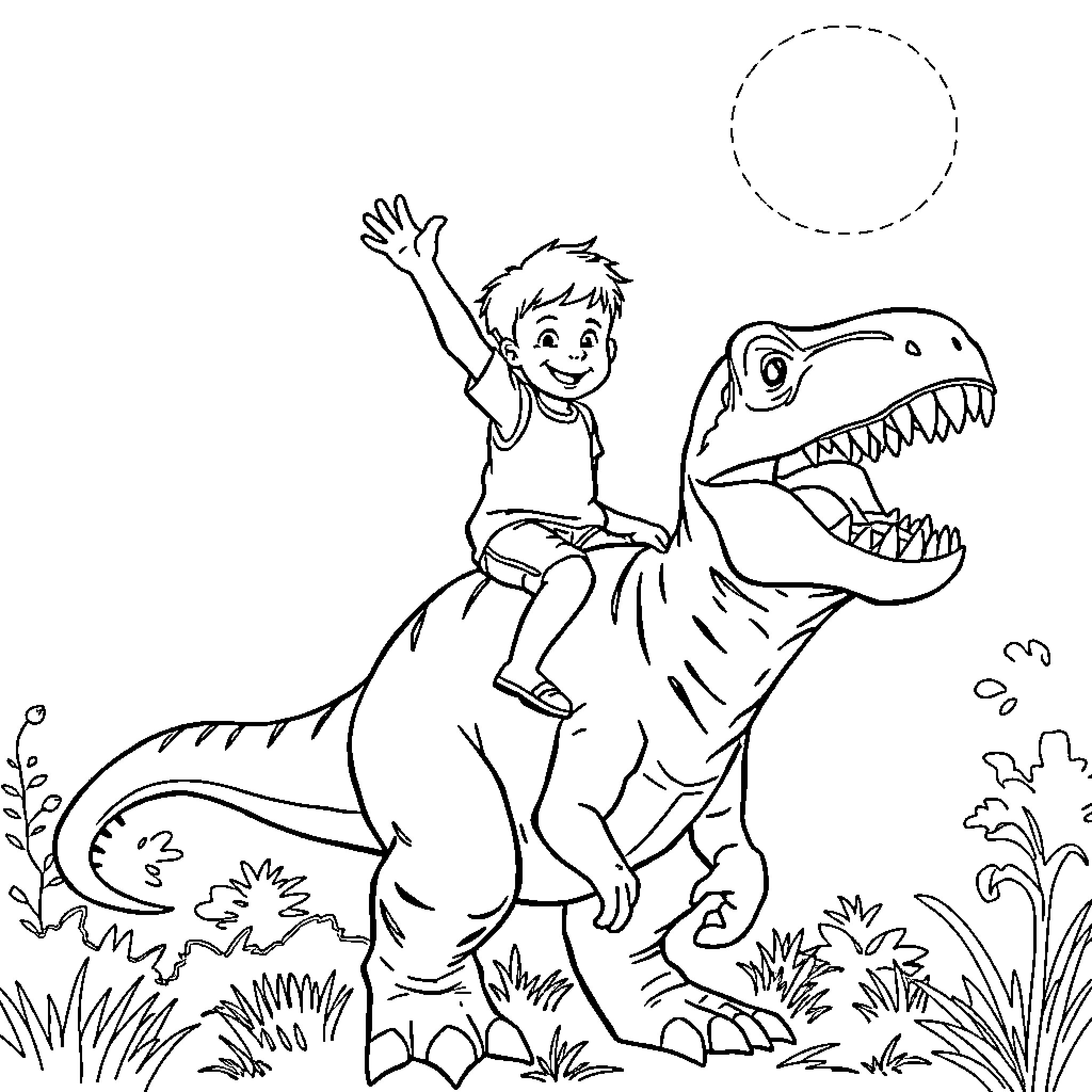 Boy playing happily with a T-Rex in the wilderness Coloring Page (free black-and-white line drawing printable PDF for all, from beginners to advanced learners, including children, teens, adults, and seniors)