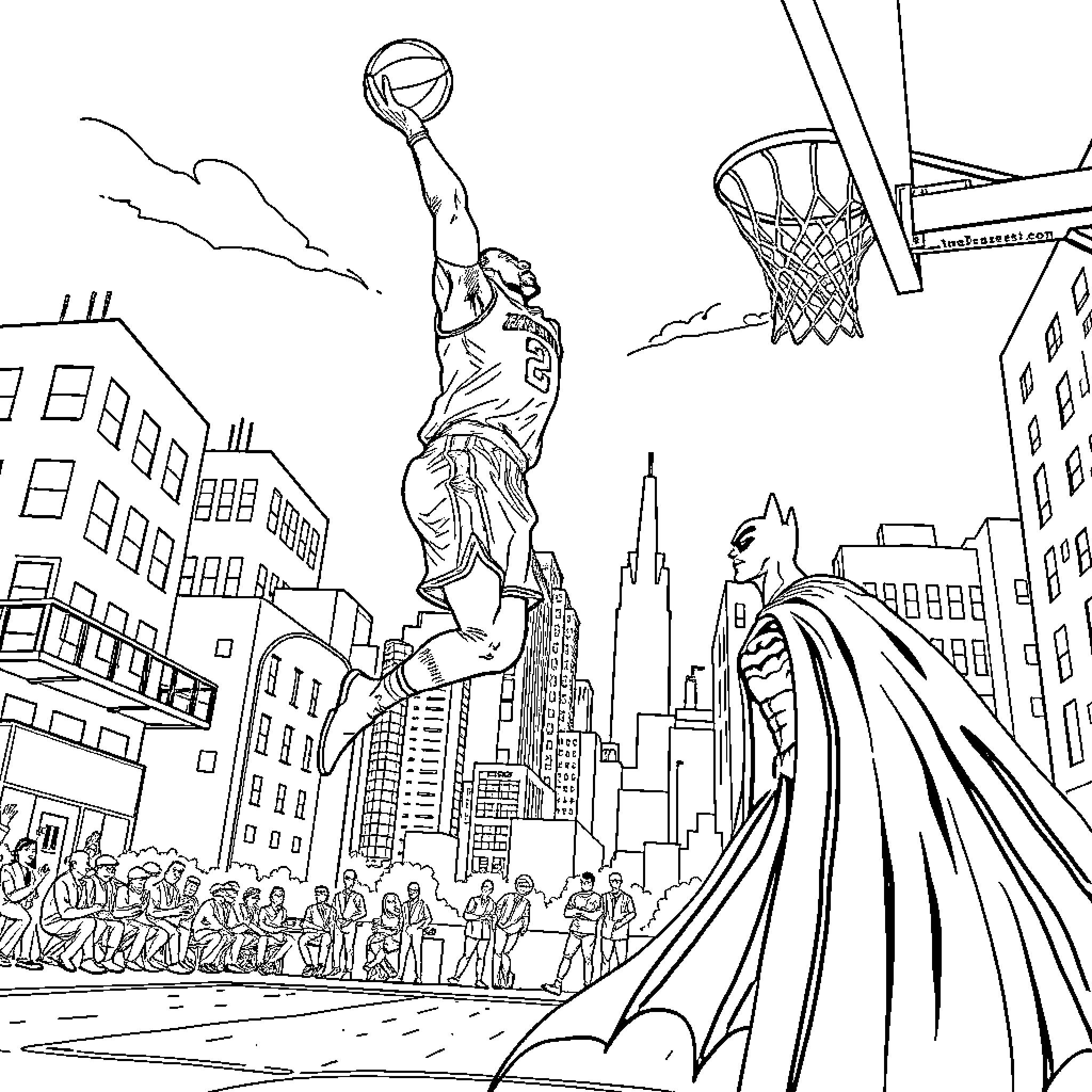 LeBron James Soaring Dunk in the City Coloring Page (free black-and-white line drawing printable PDF for all, from beginners to advanced learners, including children, teens, adults, and seniors)