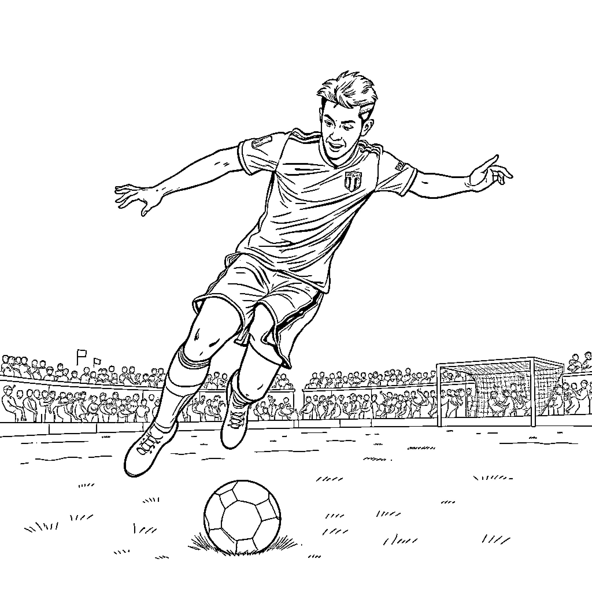 Futbol Player in Mid-Air Action Coloring Page (free black-and-white line drawing printable PDF for all, from beginners to advanced learners, including children, teens, adults, and seniors)