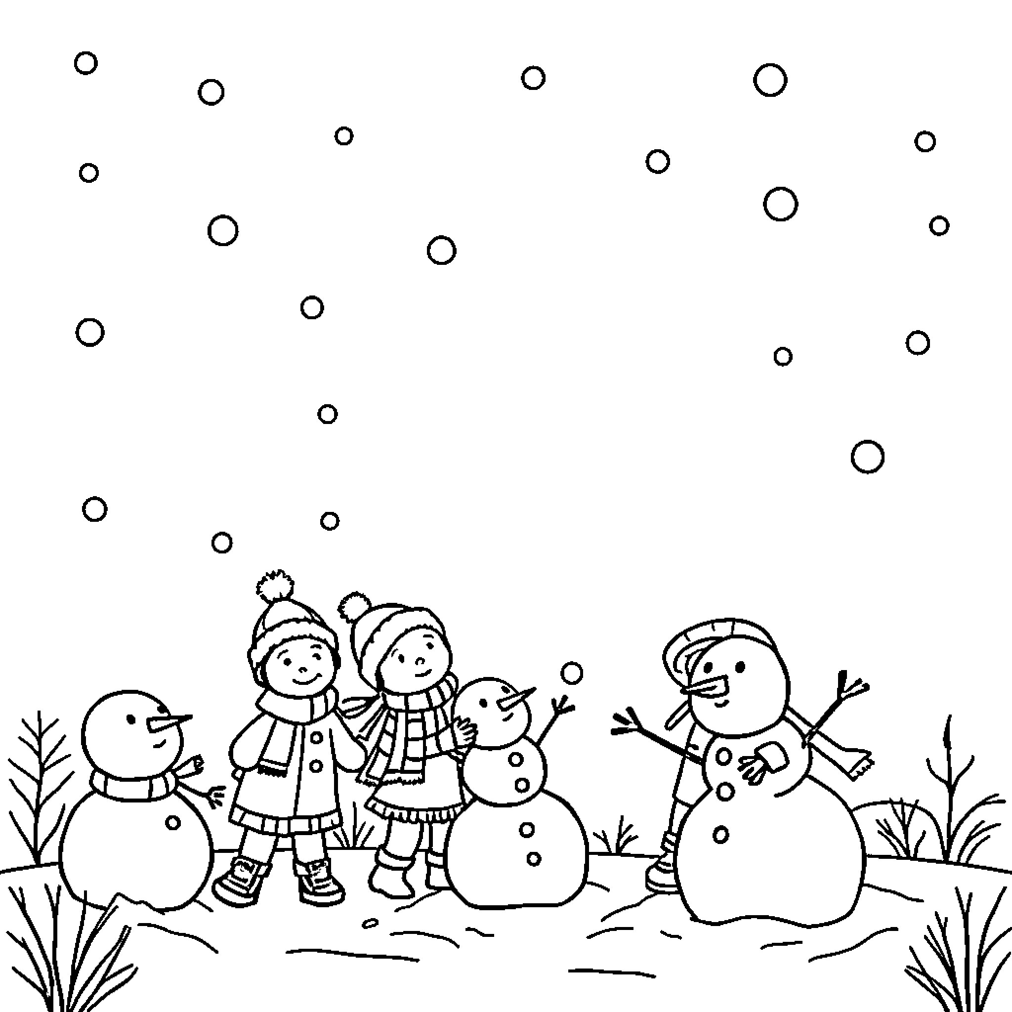 Winter family fun with snowmen Coloring Page (free black-and-white line drawing printable PDF for all, from beginners to advanced learners, including children, teens, adults, and seniors)