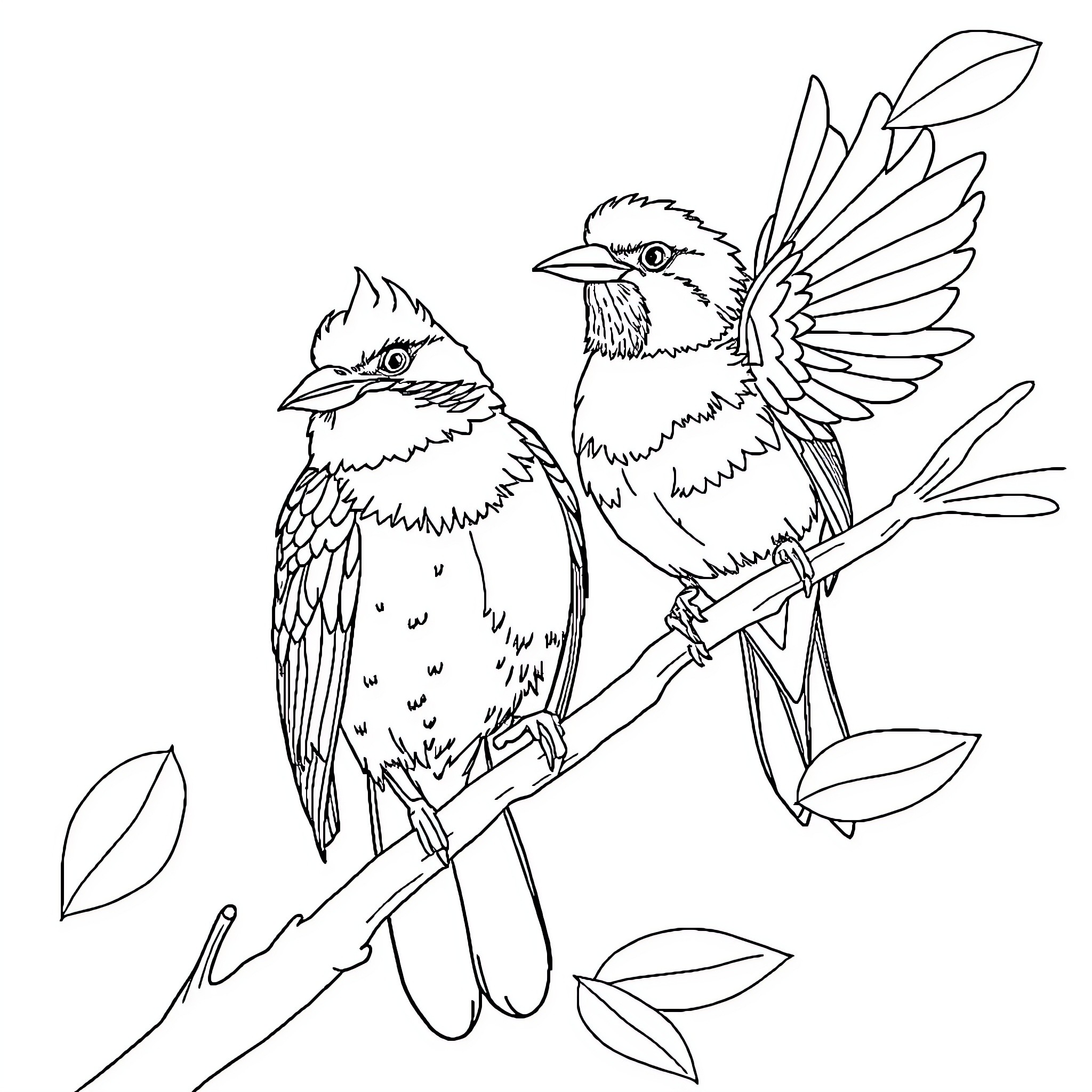 Parrot pair perching on branch Coloring Page (free black-and-white line drawing printable PDF for all, from beginners to advanced learners, including children, teens, adults, and seniors)