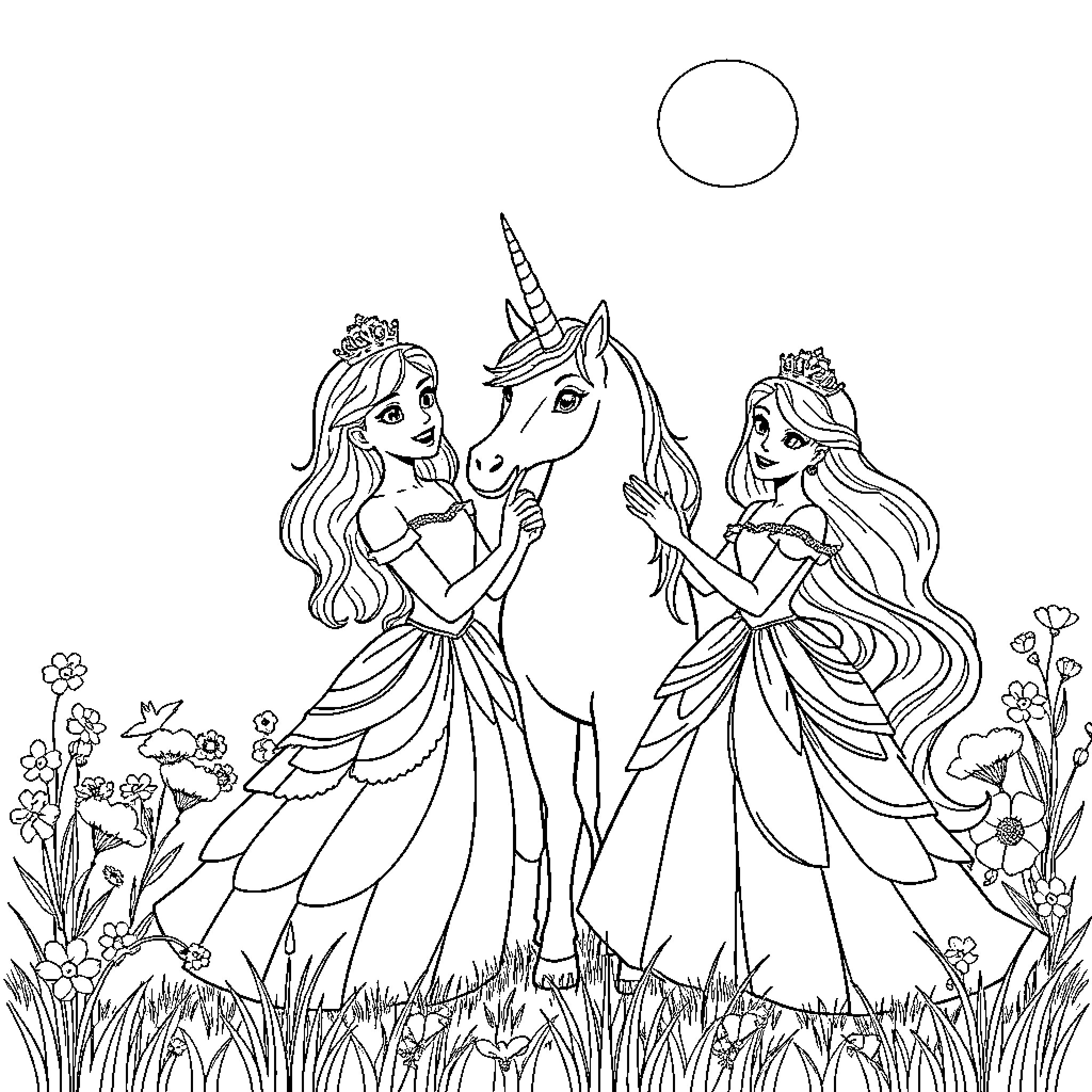 Princesses exploring the fantasy world with unicorn Coloring Page (free black-and-white line drawing printable PDF for all, from beginners to advanced learners, including children, teens, adults, and seniors)