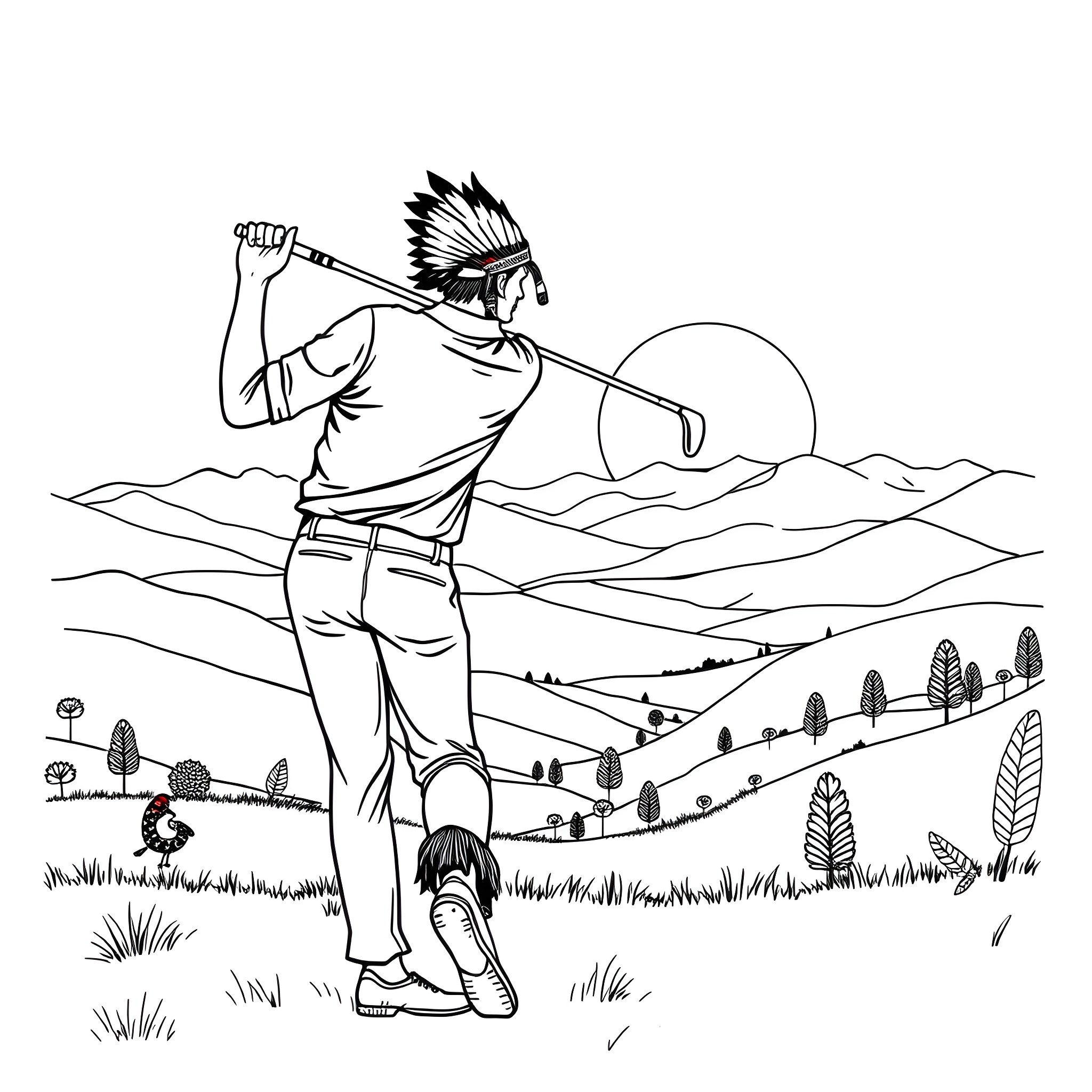 Golfing Native American Hitting Golf Ball in Scenic Landscape Coloring Page (free black-and-white line drawing printable PDF for all, from beginners to advanced learners, including children, teens, adults, and seniors)
