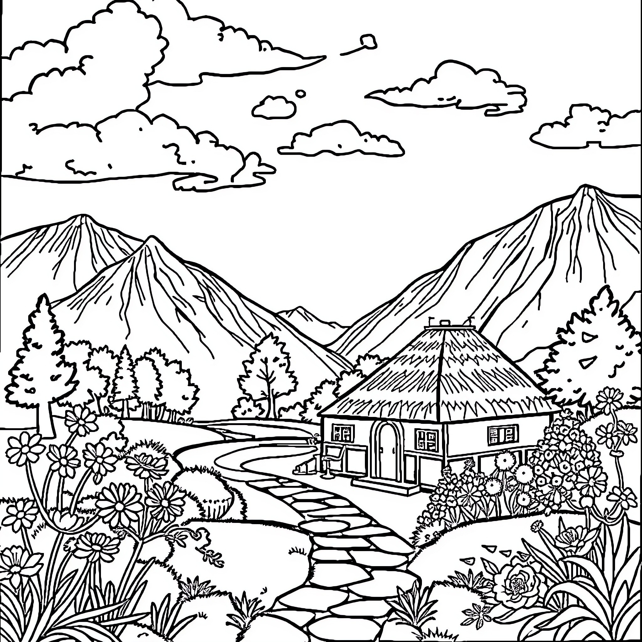 SH: Peaceful rural landscape with mountain view Coloring Page (free black-and-white line drawing printable PDF for all, from beginners to advanced learners, including children, teens, adults, and seniors)