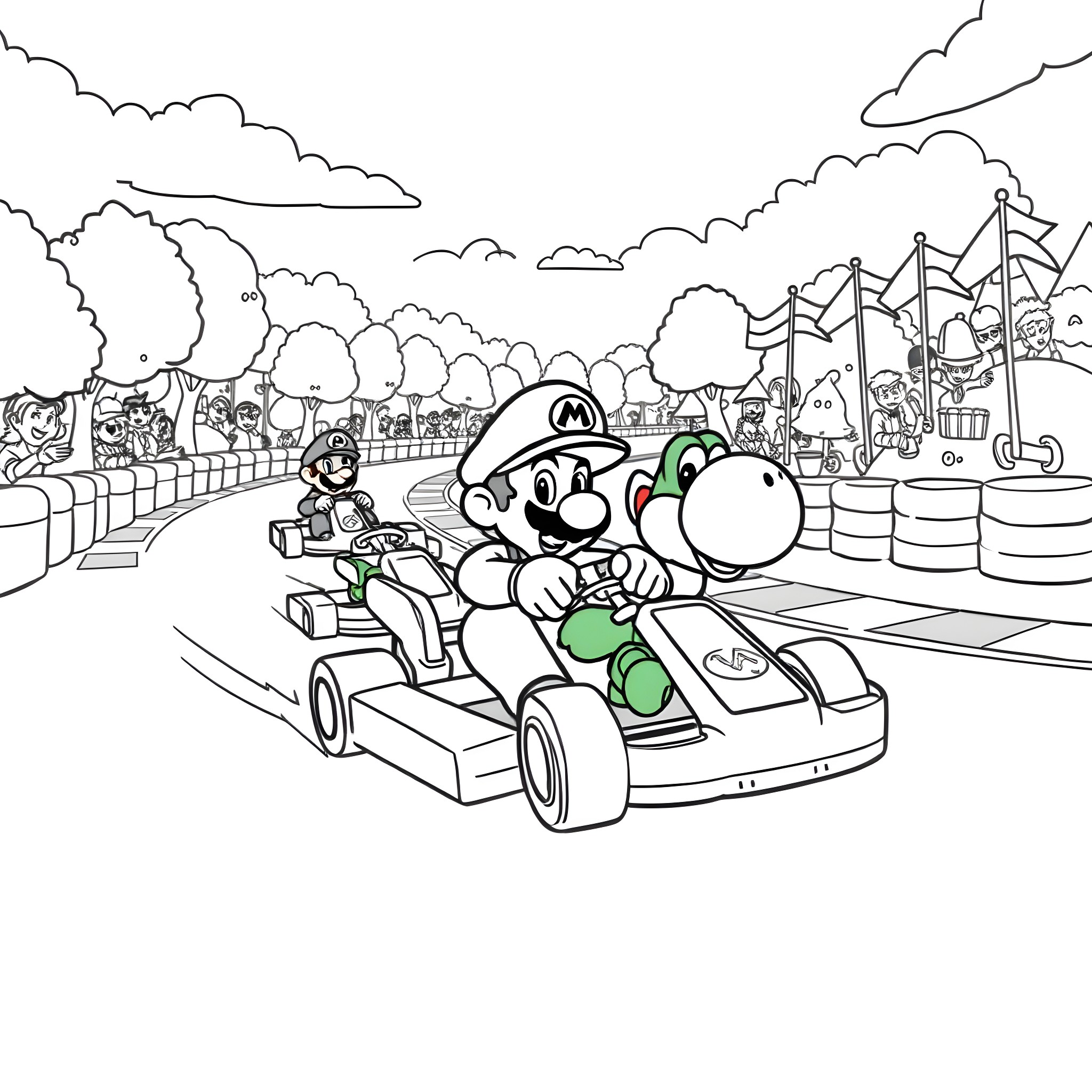 Mario and Yoshi racing in a go-kart at the carnival Coloring Page (free black-and-white line drawing printable PDF for all, from beginners to advanced learners, including children, teens, adults, and seniors)