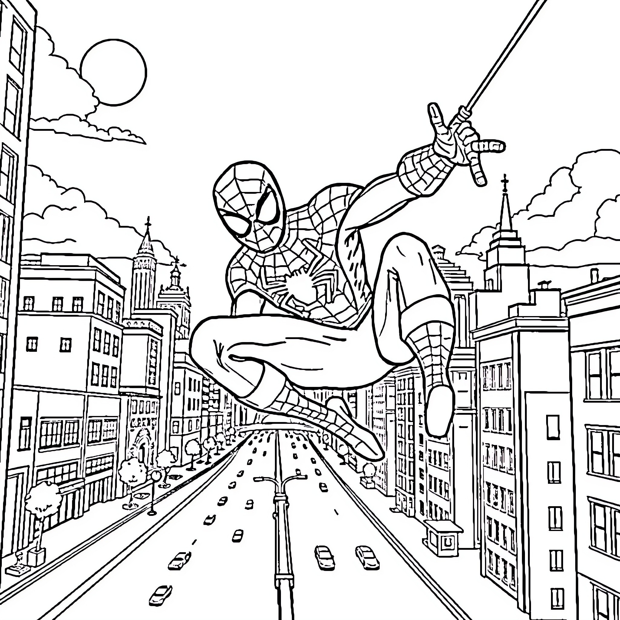 Spiderman swinging through the city on a web Coloring Page (free black-and-white line drawing printable PDF for all, from beginners to advanced learners, including children, teens, adults, and seniors)
