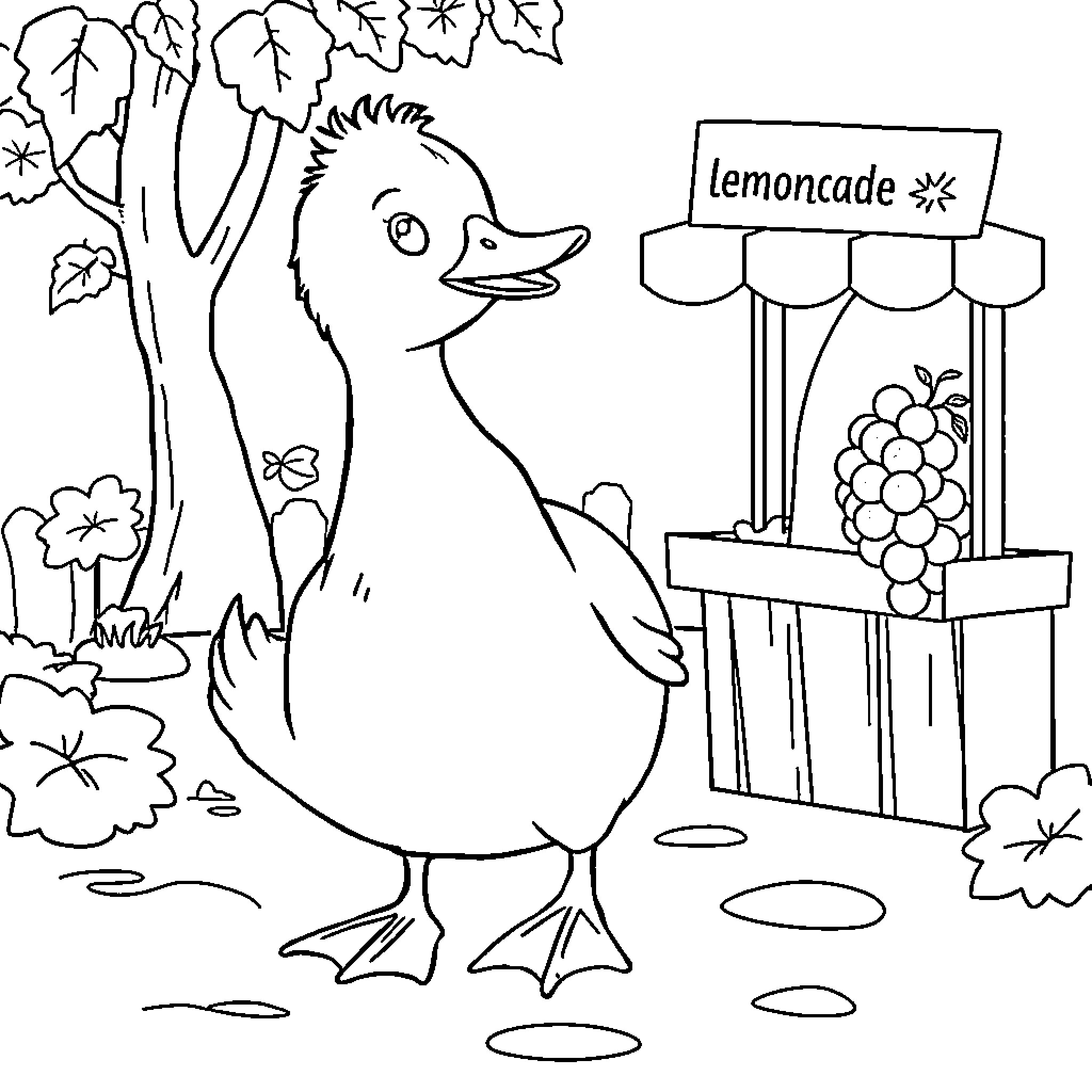 Duck operating a lemonade stand in nature Coloring Page (free black-and-white line drawing printable PDF for all, from beginners to advanced learners, including children, teens, adults, and seniors)