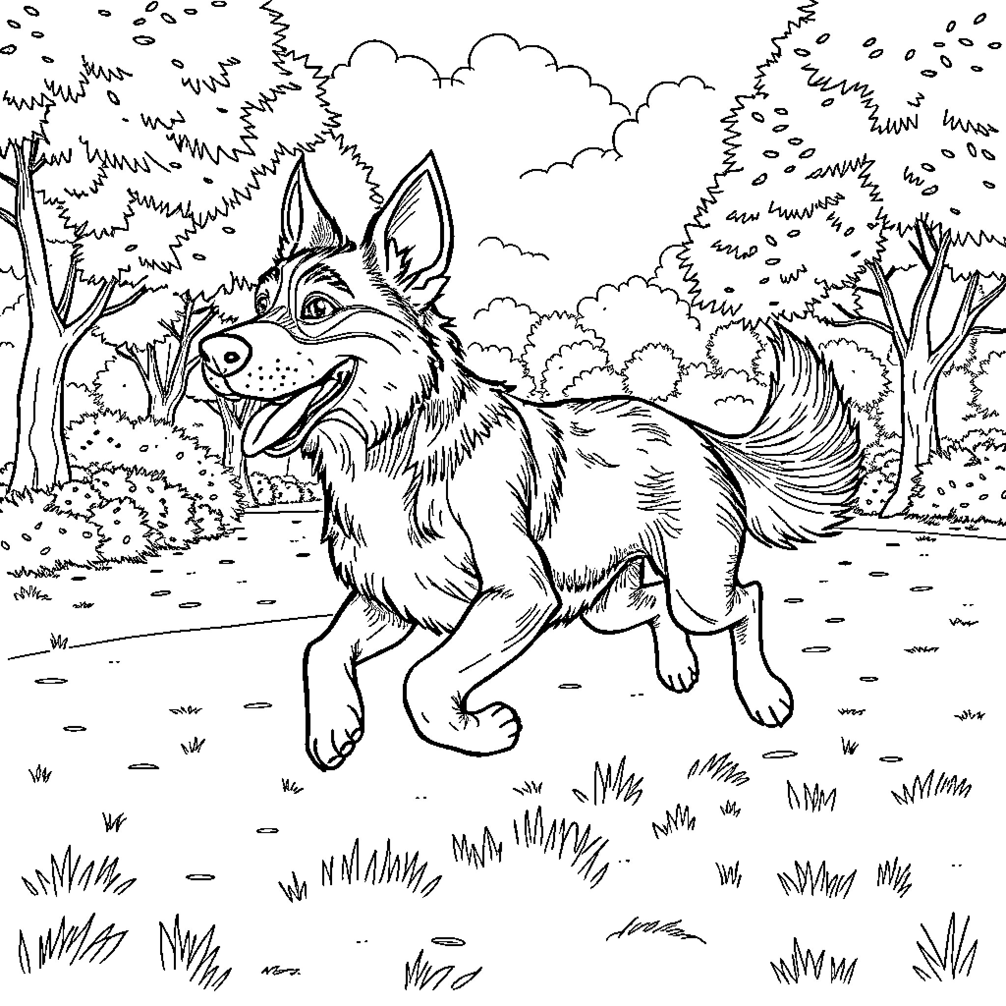 Dog exploring the forest landscape Coloring Page (free black-and-white line drawing printable PDF for all, from beginners to advanced learners, including children, teens, adults, and seniors)