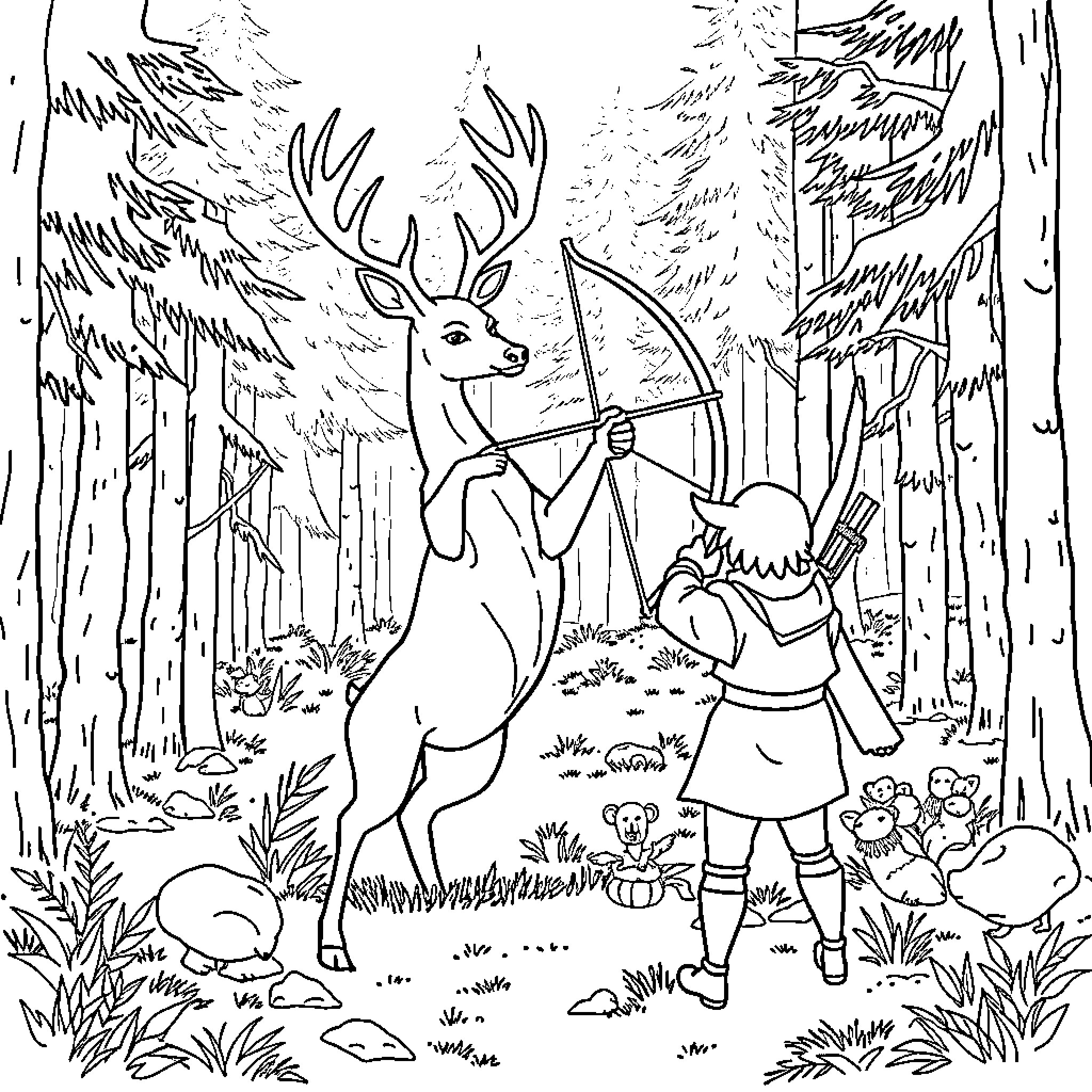 Deer spotted by a wandering archer in the forest Coloring Page (free black-and-white line drawing printable PDF for all, from beginners to advanced learners, including children, teens, adults, and seniors)