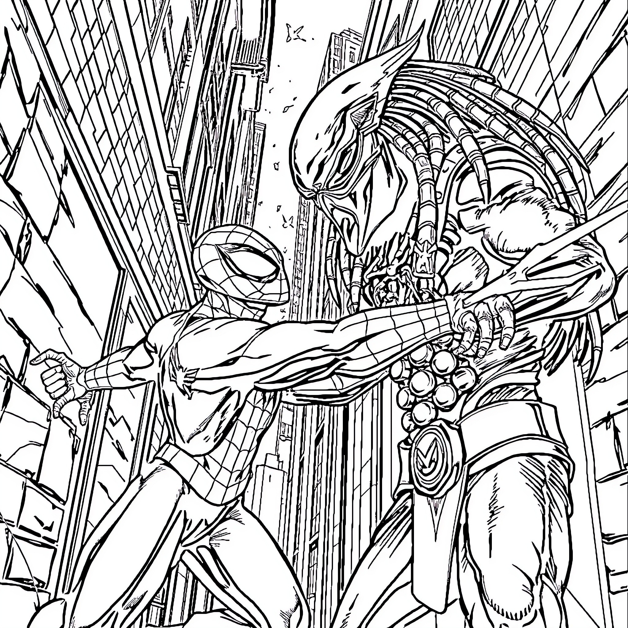Spiderman battles a formidable foe in the city Coloring Page (free black-and-white line drawing printable PDF for all, from beginners to advanced learners, including children, teens, adults, and seniors)