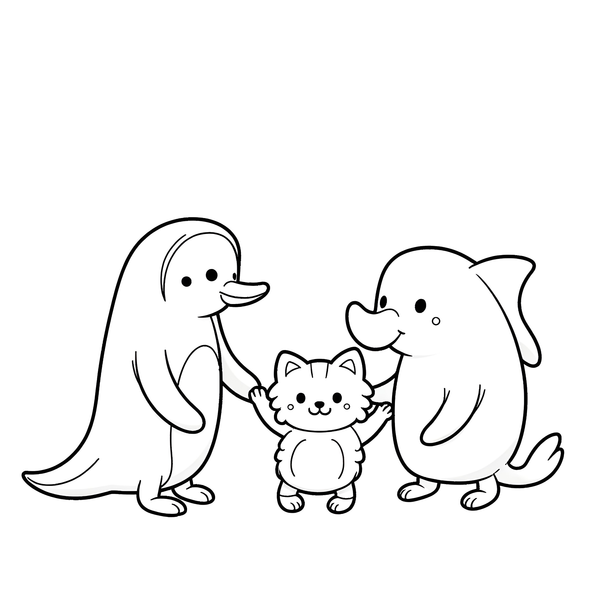 Penguin family playing together happily Coloring Page (free black-and-white line drawing printable PDF for all, from beginners to advanced learners, including children, teens, adults, and seniors)