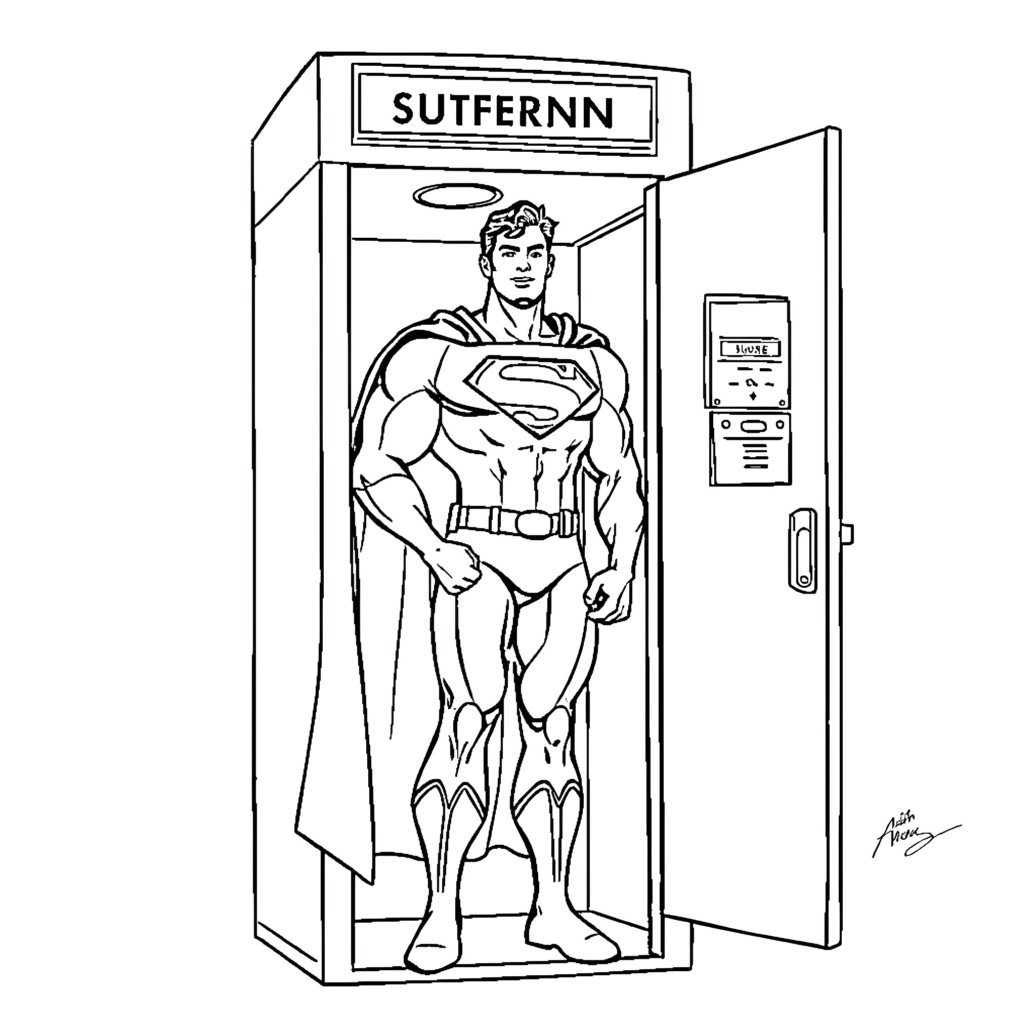 Superman entering a public phone booth Coloring Page (free black-and-white line drawing printable PDF for all, from beginners to advanced learners, including children, teens, adults, and seniors)