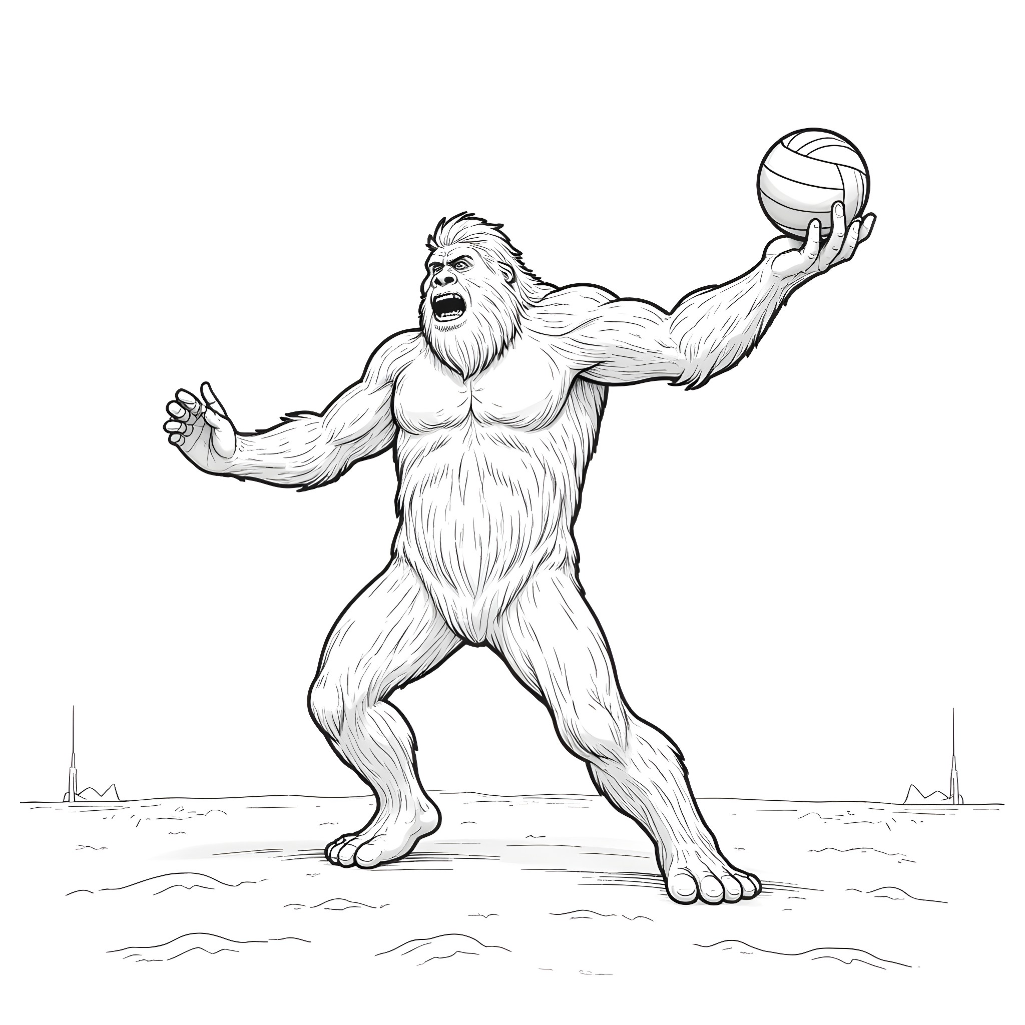 Bigfoot playing volleyball in the wilderness Coloring Page (free black-and-white line drawing printable PDF for all, from beginners to advanced learners, including children, teens, adults, and seniors)