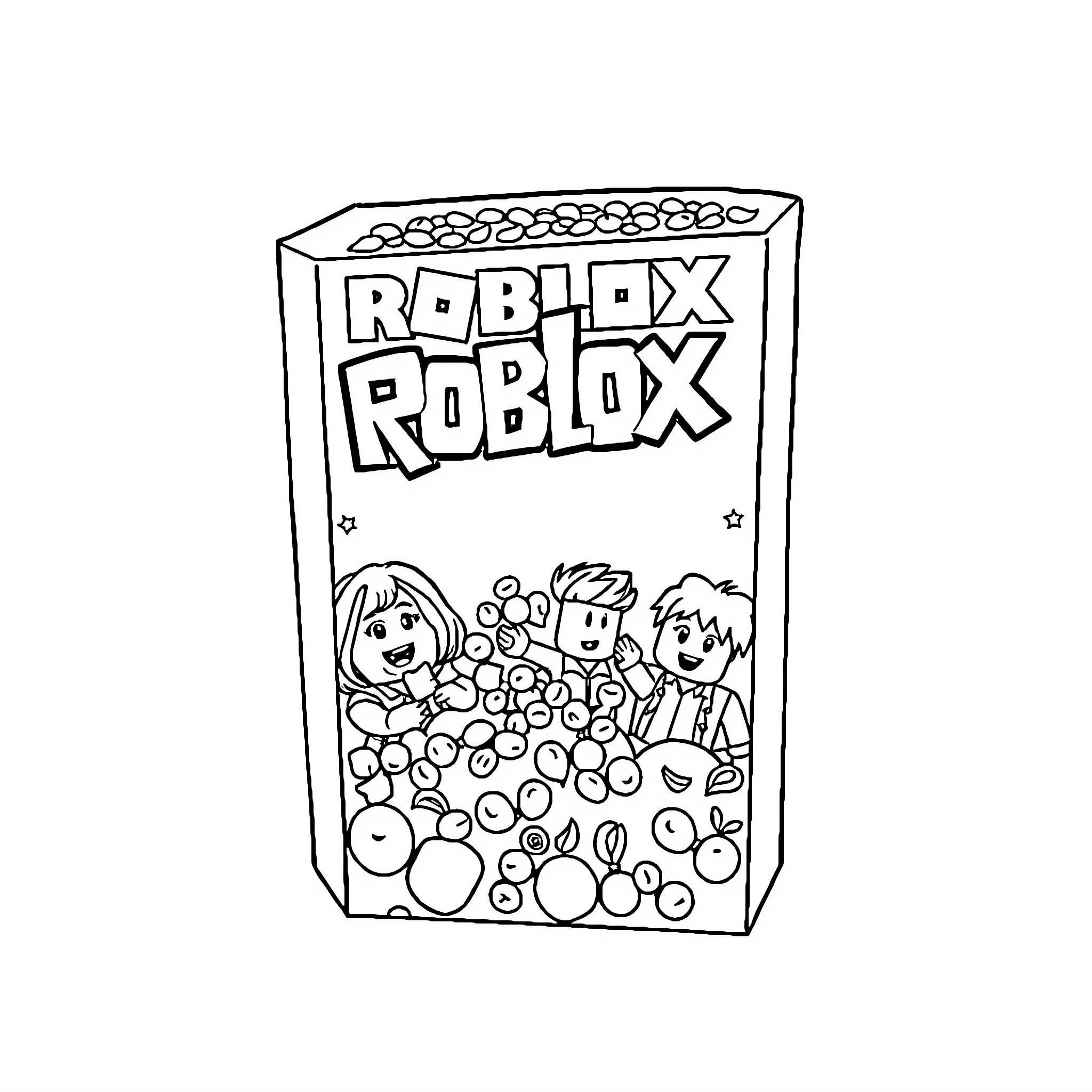 Roblox characters playing in a Roblox box Coloring Page (free black-and-white line drawing printable PDF for all, from beginners to advanced learners, including children, teens, adults, and seniors)