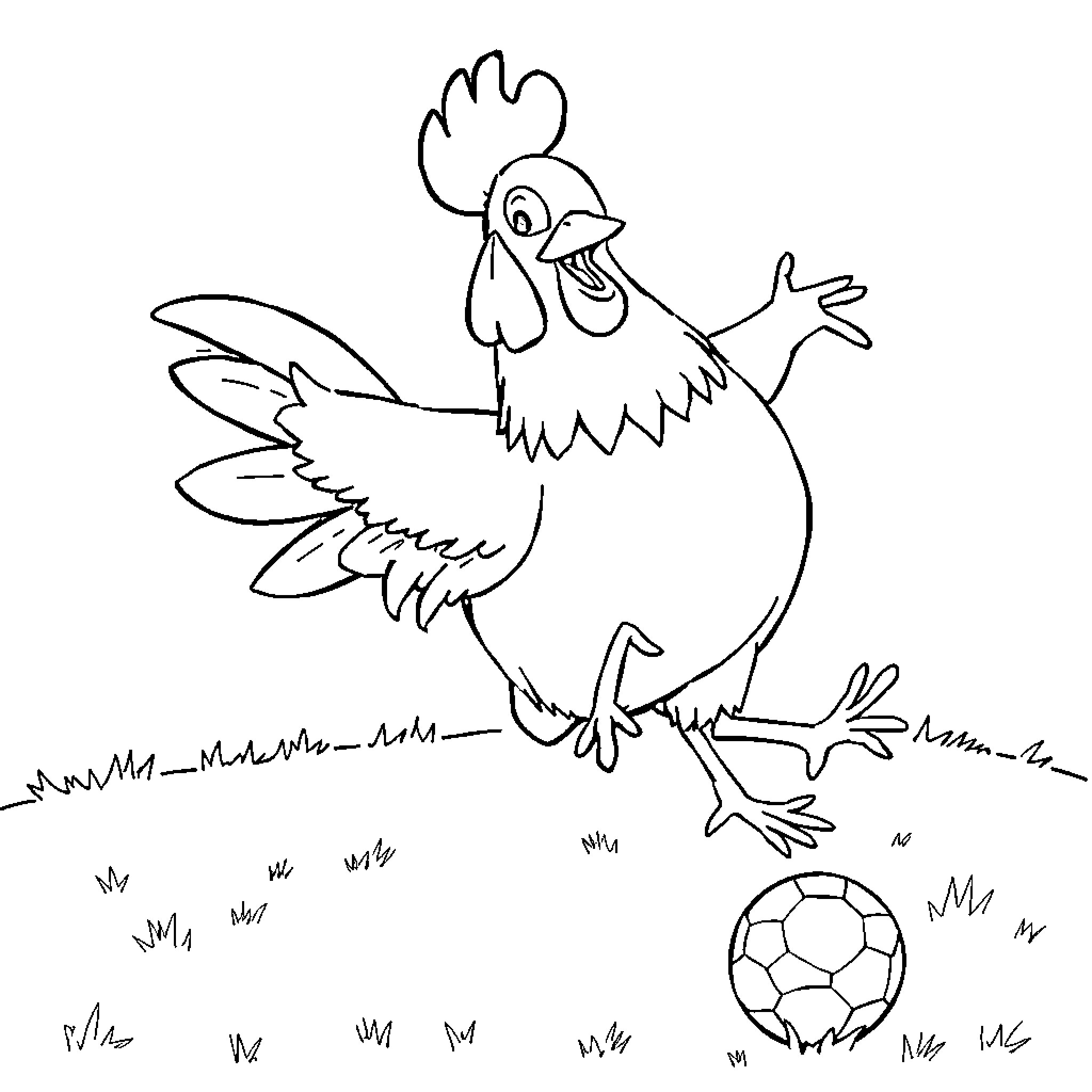 Chicken excitedly playing with a soccer ball Coloring Page (free black-and-white line drawing printable PDF for all, from beginners to advanced learners, including children, teens, adults, and seniors)