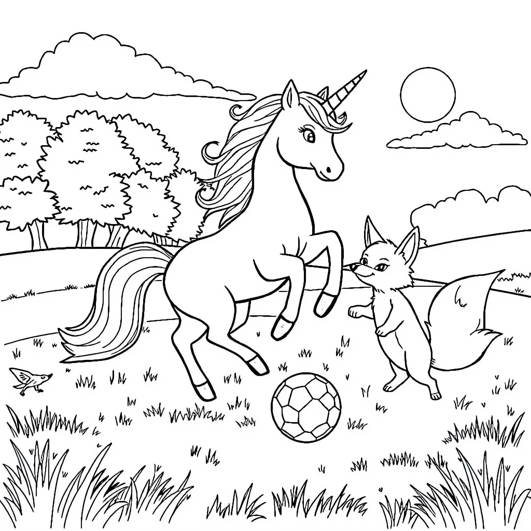 Unicorn and fox playing with soccer ball in the forest Coloring Page (free black-and-white line drawing printable PDF for all, from beginners to advanced learners, including children, teens, adults, and seniors)