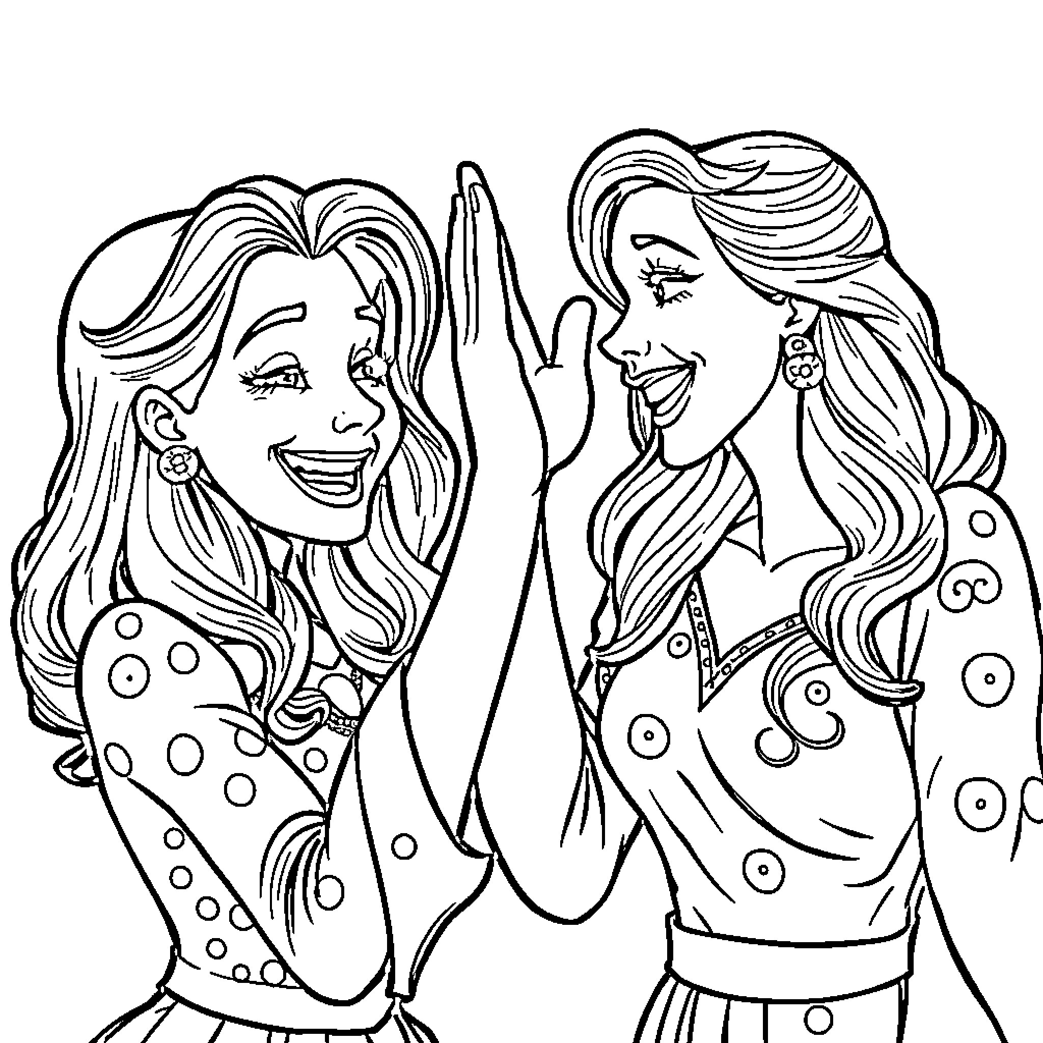Villanelle - Two friends sharing a laugh together Coloring Page (free black-and-white line drawing printable PDF for all, from beginners to advanced learners, including children, teens, adults, and seniors)