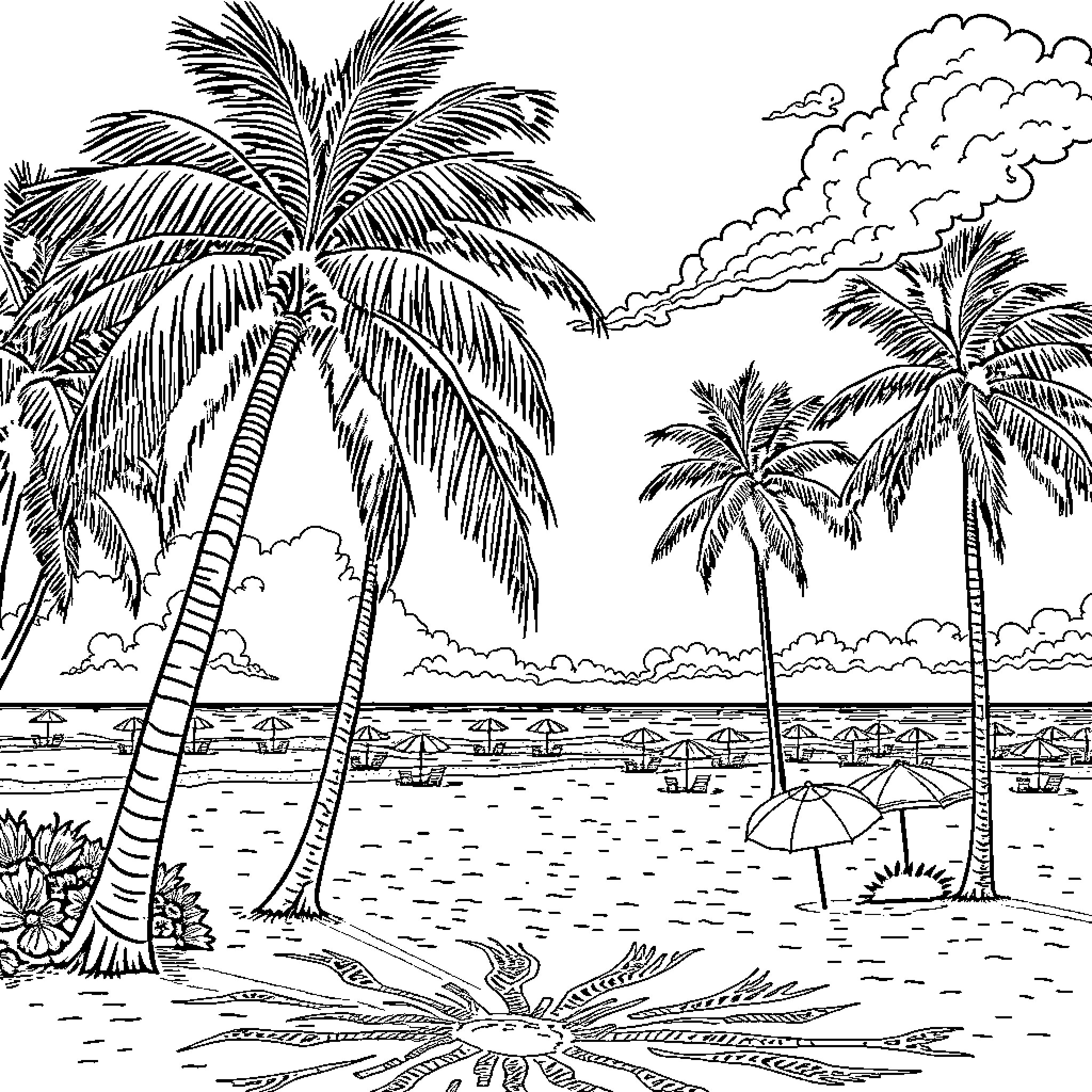 Florida coastal paradise with swaying palm trees Coloring Page (free black-and-white line drawing printable PDF for all, from beginners to advanced learners, including children, teens, adults, and seniors)