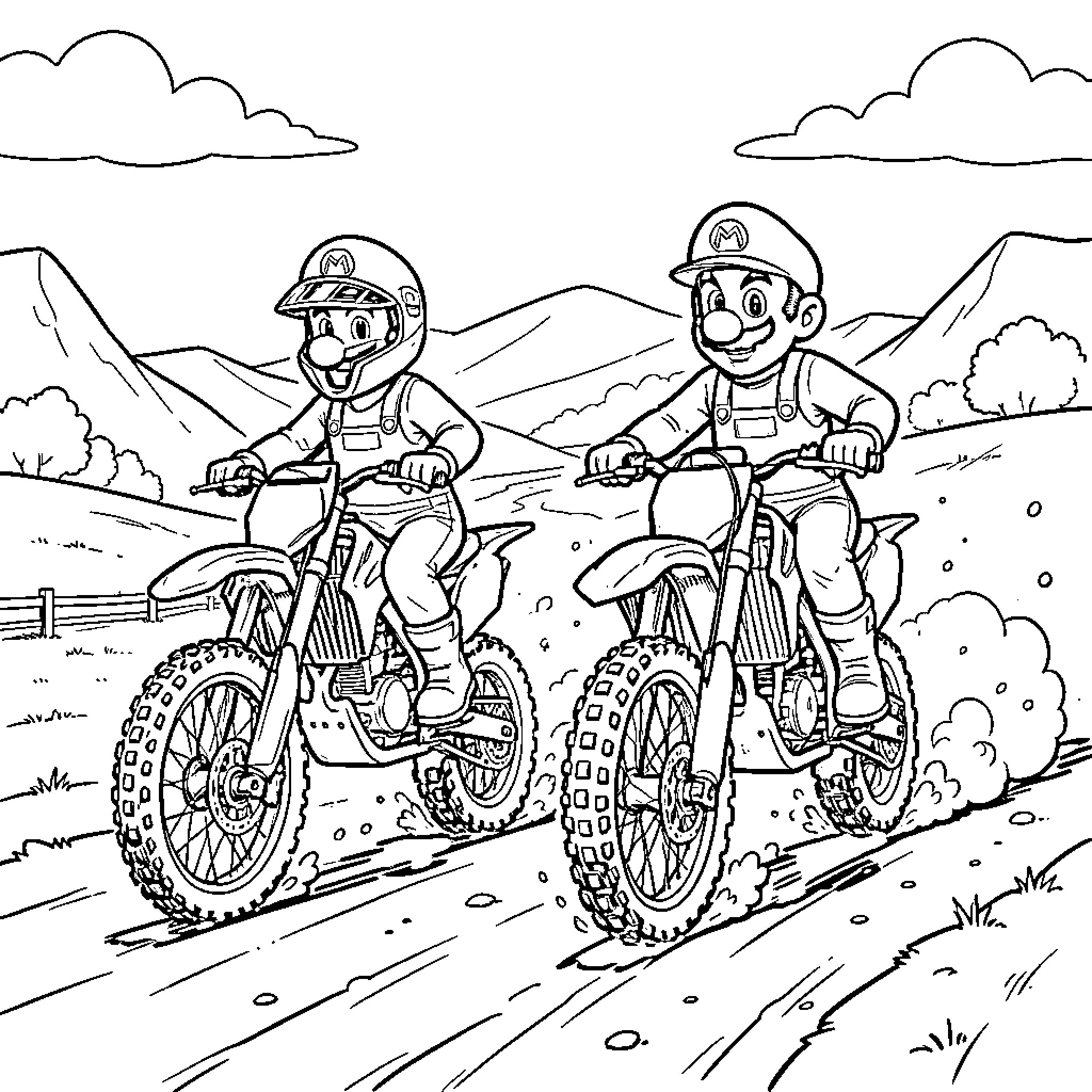 Mario riding motorcycles through a hilly landscape Coloring Page (free black-and-white line drawing printable PDF for all, from beginners to advanced learners, including children, teens, adults, and seniors)