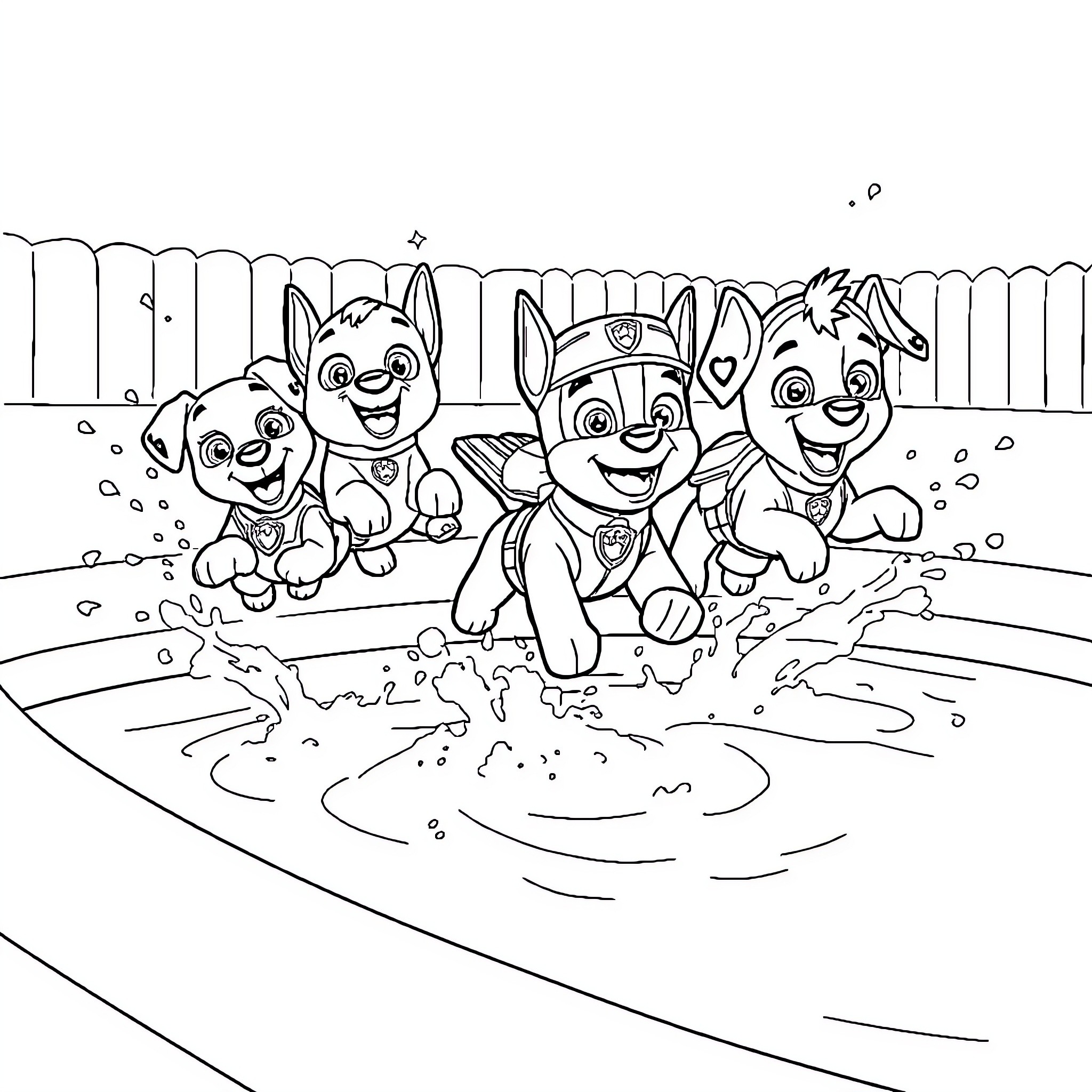 Dog friends playing happily in the muddy puddle Coloring Page (free black-and-white line drawing printable PDF for all, from beginners to advanced learners, including children, teens, adults, and seniors)